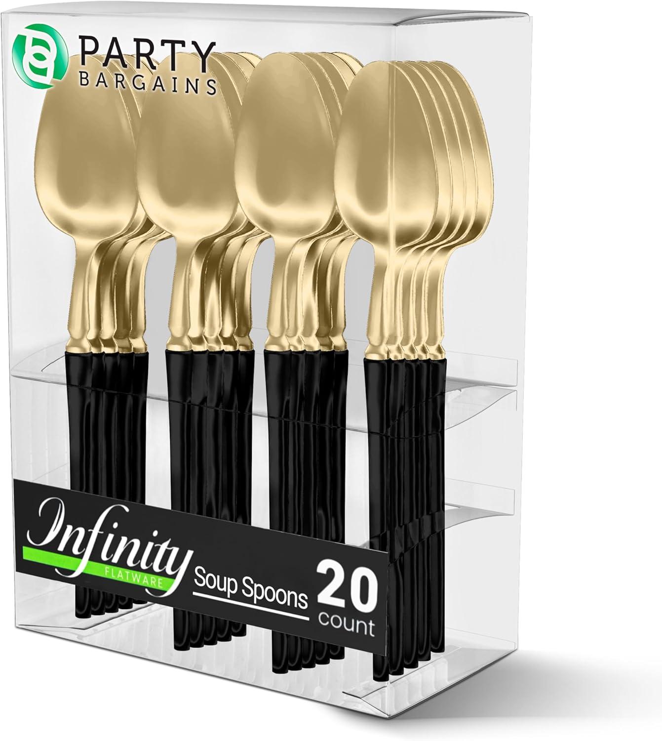 imageParty Bargains Disposable Plastic Silver Cutlery Set Infinity Modern Design Utensils 40 Pack 16 Forks 8 Knives 16 SpoonsGold Black