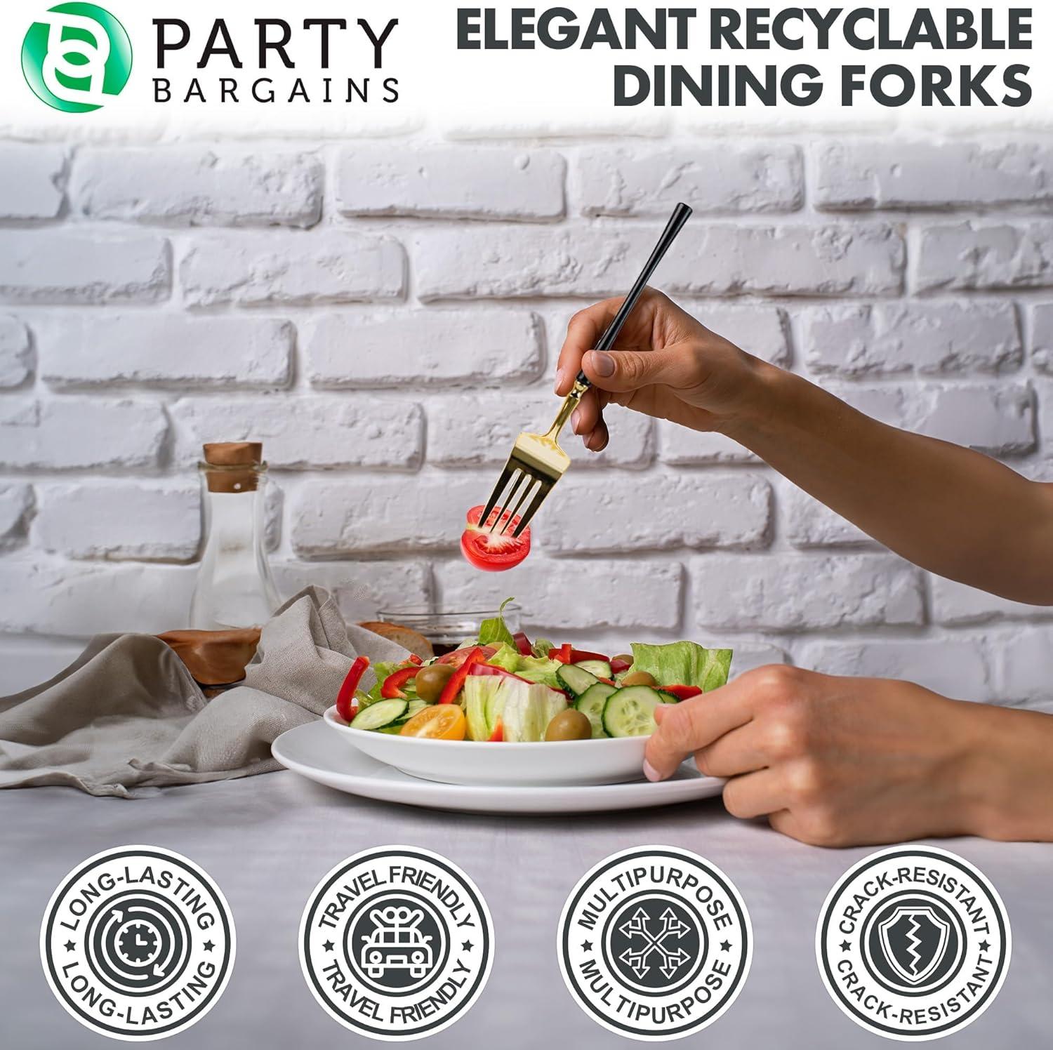 imageParty Bargains Disposable Plastic Silver Cutlery Set Infinity Modern Design Utensils 40 Pack 16 Forks 8 Knives 16 SpoonsGold Black