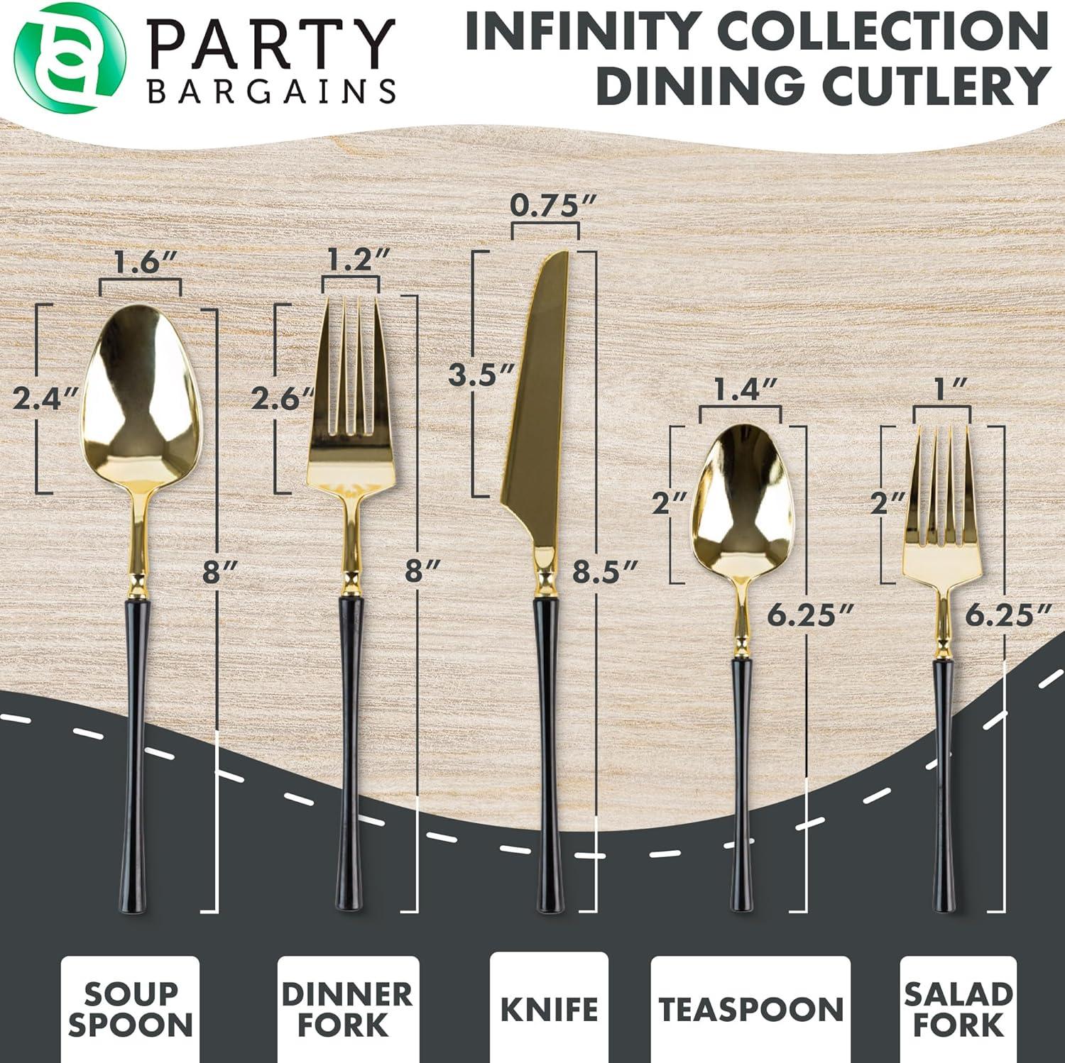 imageParty Bargains Disposable Plastic Silver Cutlery Set Infinity Modern Design Utensils 40 Pack 16 Forks 8 Knives 16 SpoonsGold Black