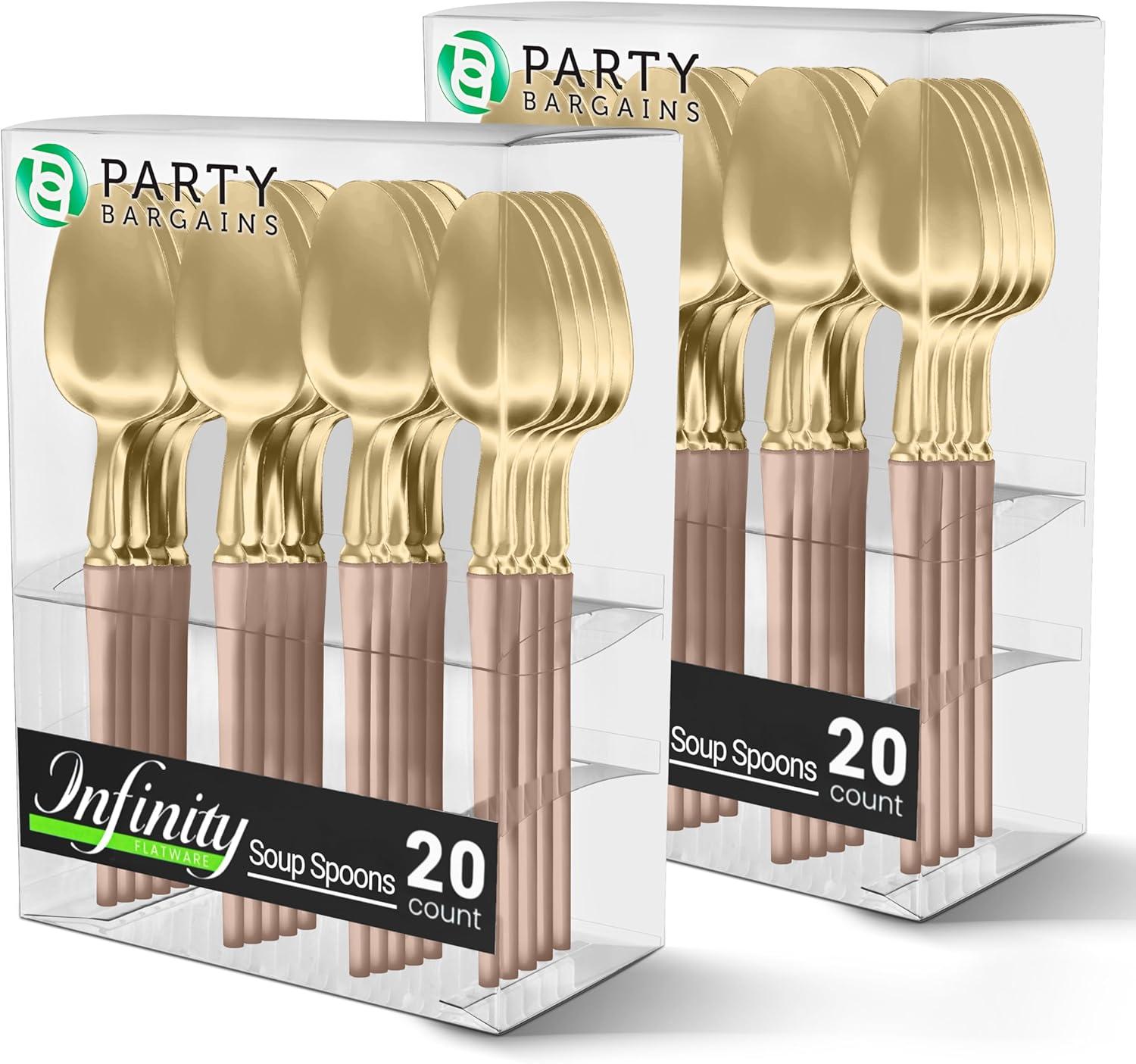 imageParty Bargains Disposable Plastic Silver Cutlery Set Infinity Modern Design Utensils 40 Pack 16 Forks 8 Knives 16 SpoonsPink Gold