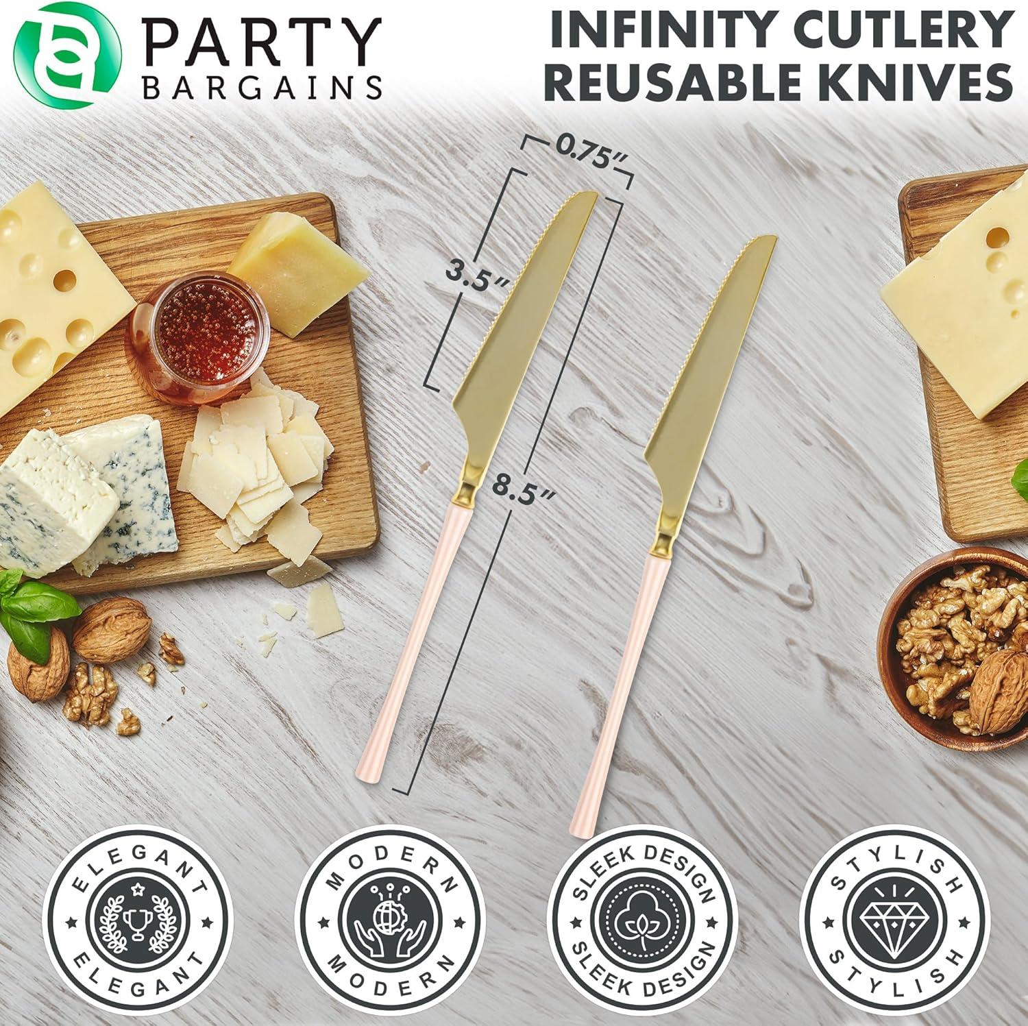 imageParty Bargains Disposable Plastic Silver Cutlery Set Infinity Modern Design Utensils 40 Pack 16 Forks 8 Knives 16 SpoonsPink Gold