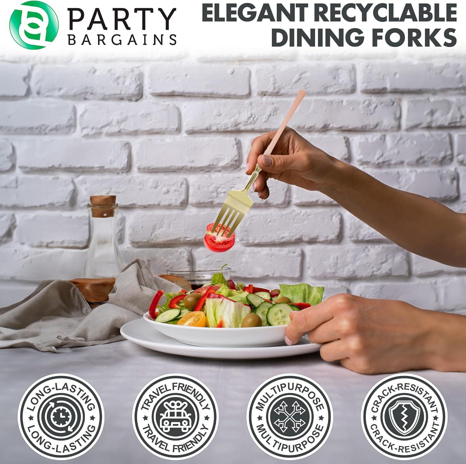 imageParty Bargains Disposable Plastic Silver Cutlery Set Infinity Modern Design Utensils 40 Pack 16 Forks 8 Knives 16 SpoonsPink Gold
