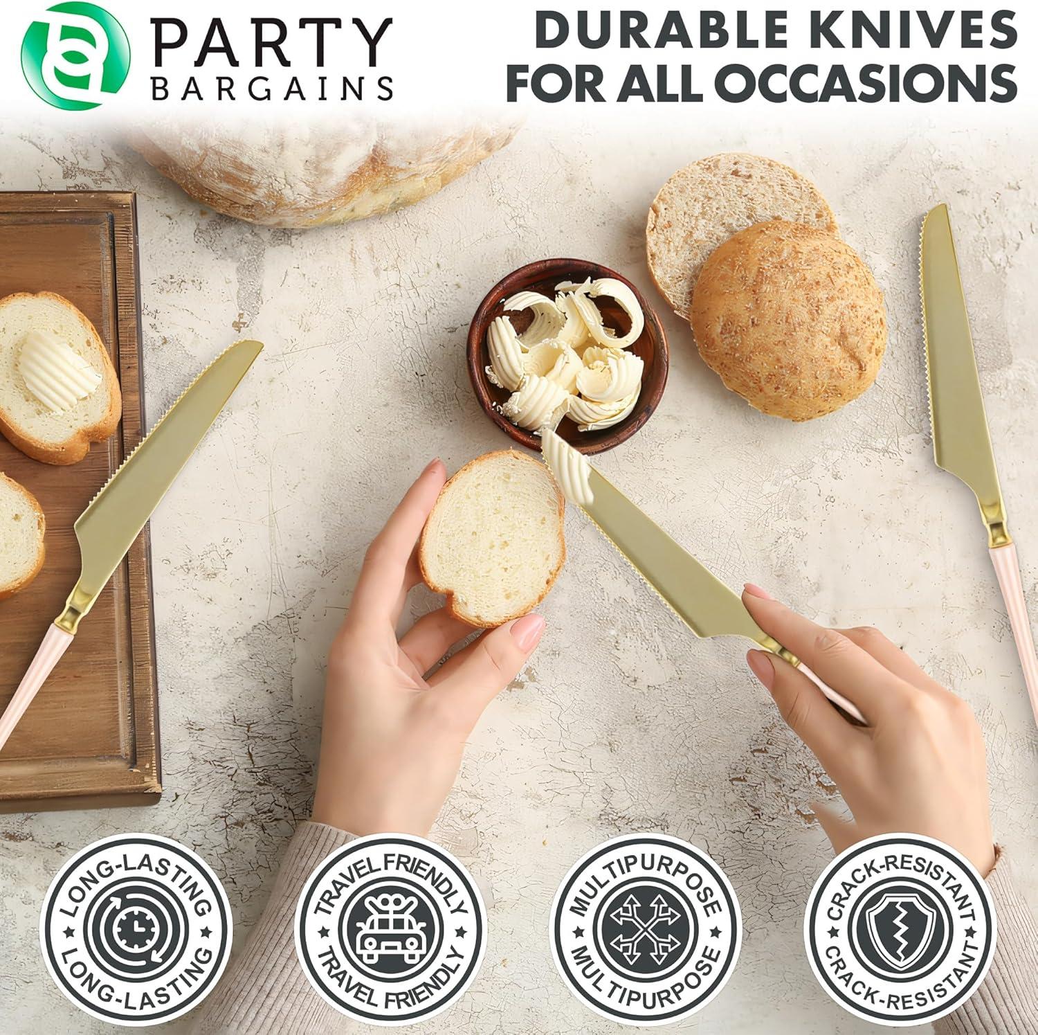 imageParty Bargains Disposable Plastic Silver Cutlery Set Infinity Modern Design Utensils 40 Pack 16 Forks 8 Knives 16 SpoonsPink Gold