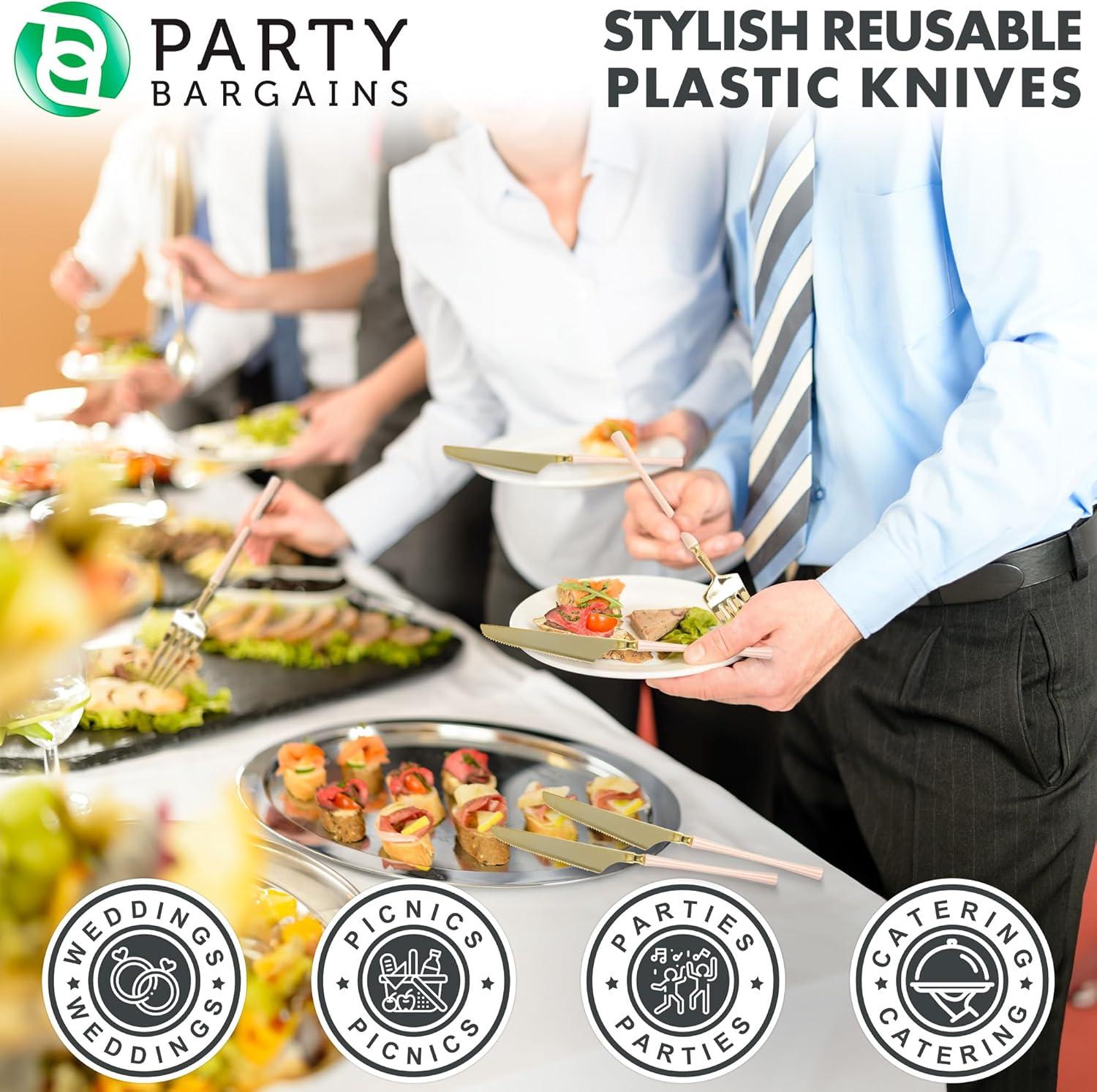 imageParty Bargains Disposable Plastic Silver Cutlery Set Infinity Modern Design Utensils 40 Pack 16 Forks 8 Knives 16 SpoonsPink Gold