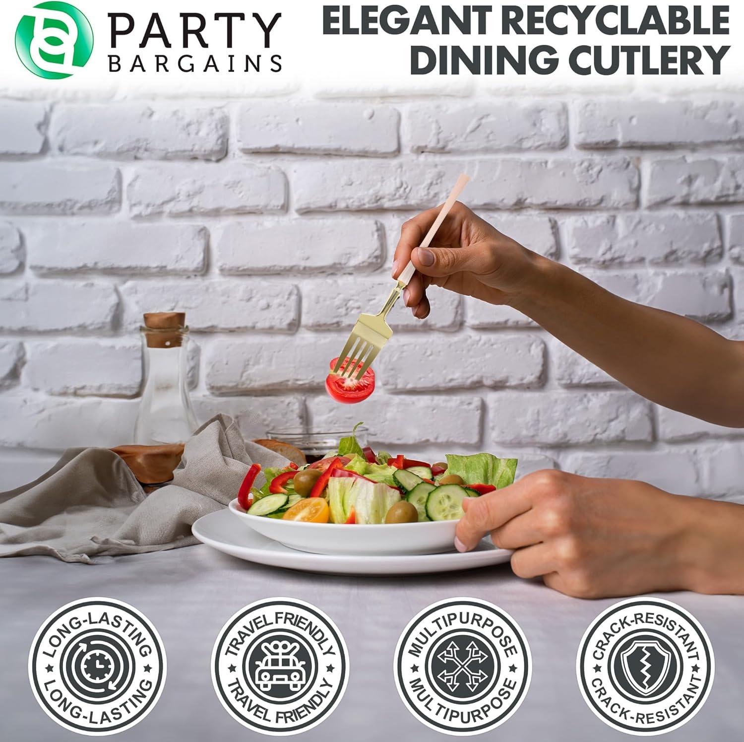 imageParty Bargains Disposable Plastic Silver Cutlery Set Infinity Modern Design Utensils 40 Pack 16 Forks 8 Knives 16 SpoonsPink Gold