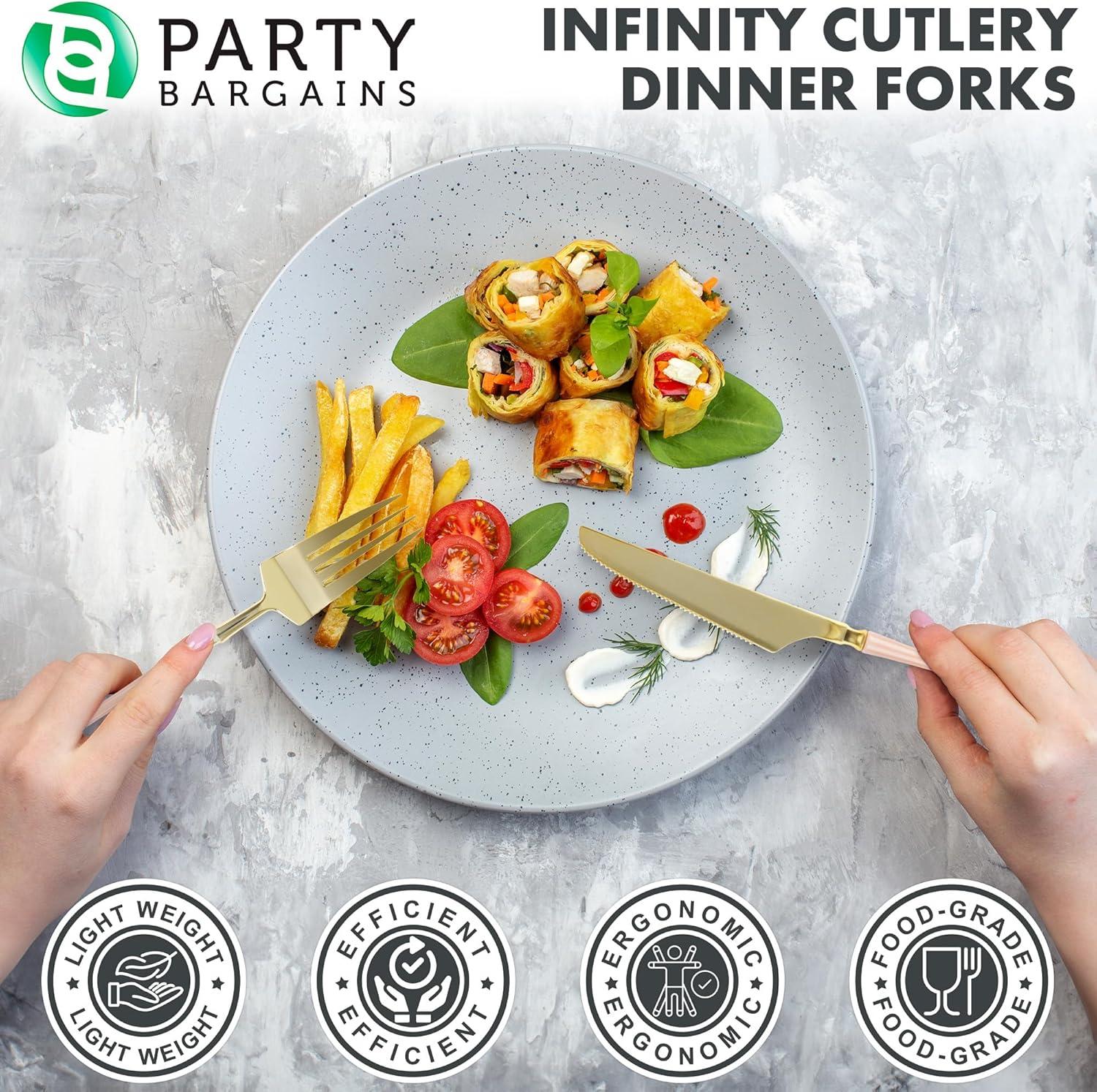 imageParty Bargains Disposable Plastic Silver Cutlery Set Infinity Modern Design Utensils 40 Pack 16 Forks 8 Knives 16 SpoonsPink Gold