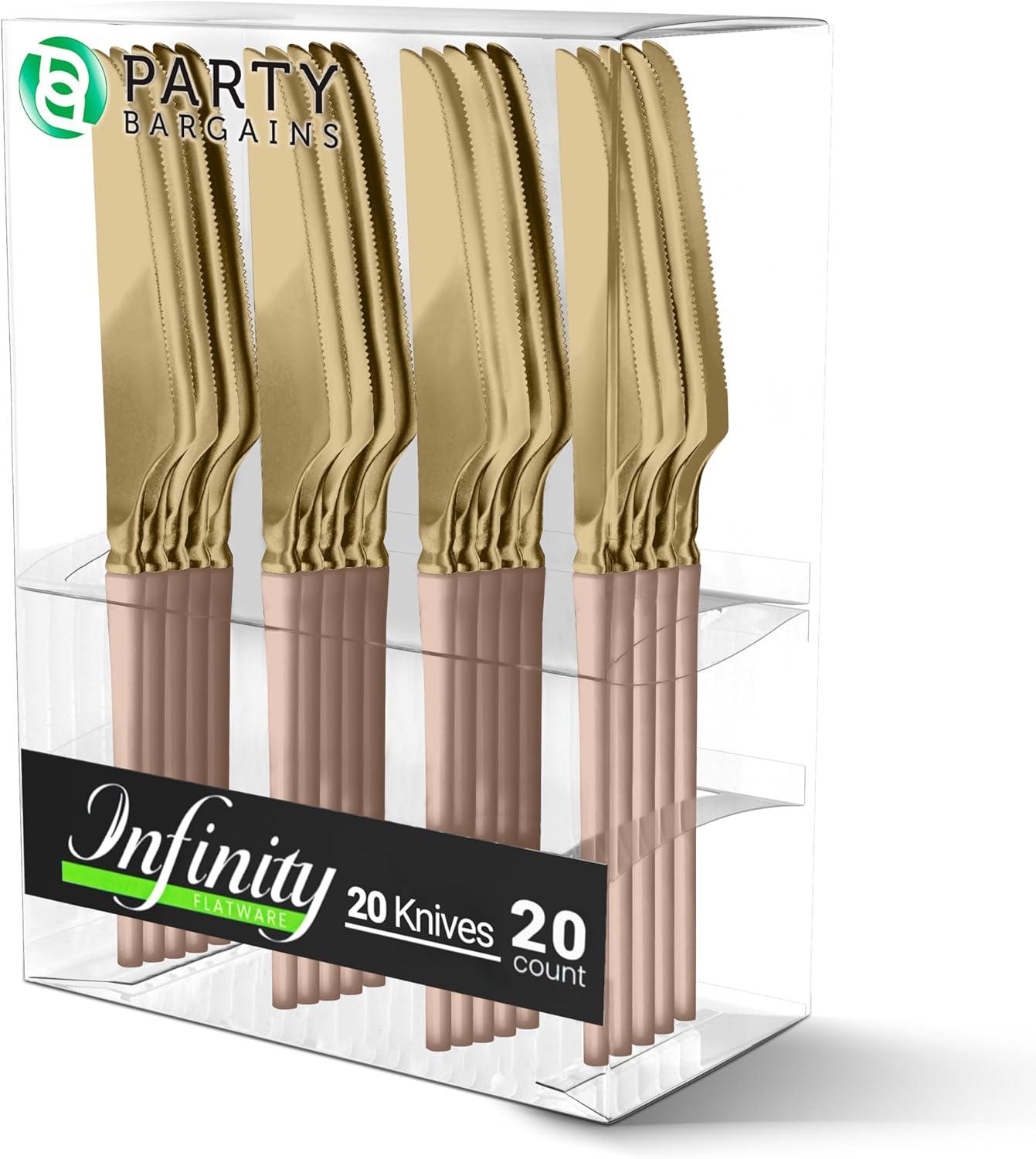 imageParty Bargains Disposable Plastic Silver Cutlery Set Infinity Modern Design Utensils 40 Pack 16 Forks 8 Knives 16 SpoonsPink Gold