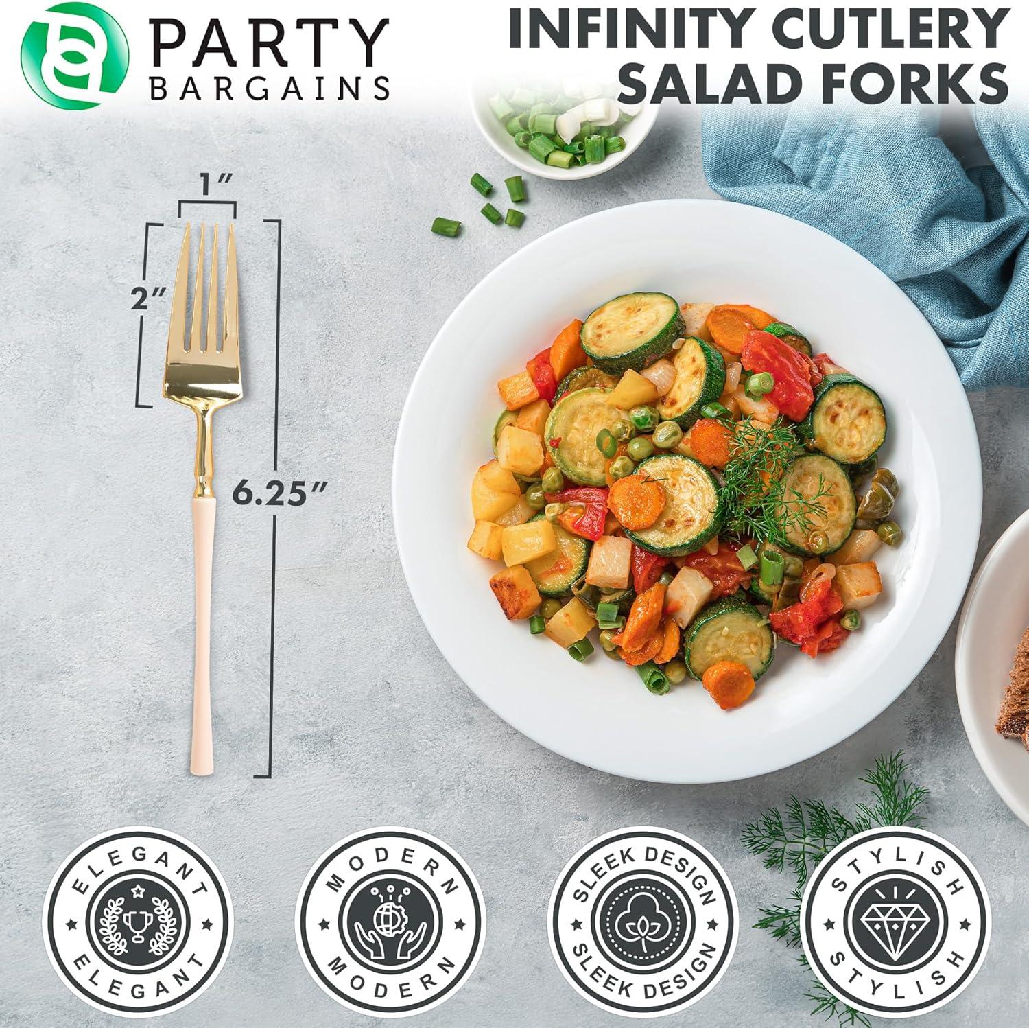 imageParty Bargains Disposable Plastic Silver Cutlery Set Infinity Modern Design Utensils 40 Pack 16 Forks 8 Knives 16 SpoonsPink Gold