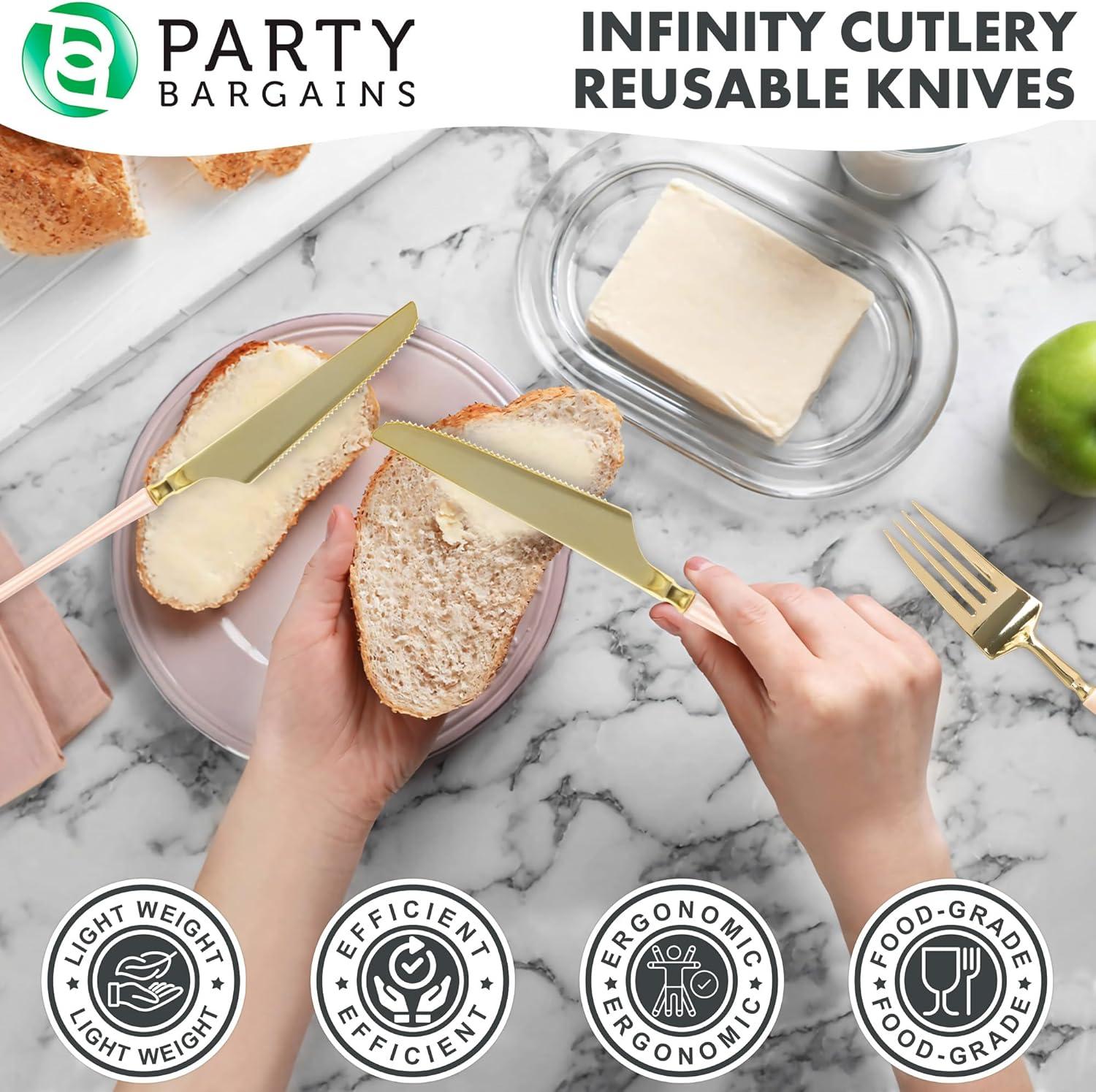imageParty Bargains Disposable Plastic Silver Cutlery Set Infinity Modern Design Utensils 40 Pack 16 Forks 8 Knives 16 SpoonsPink Gold
