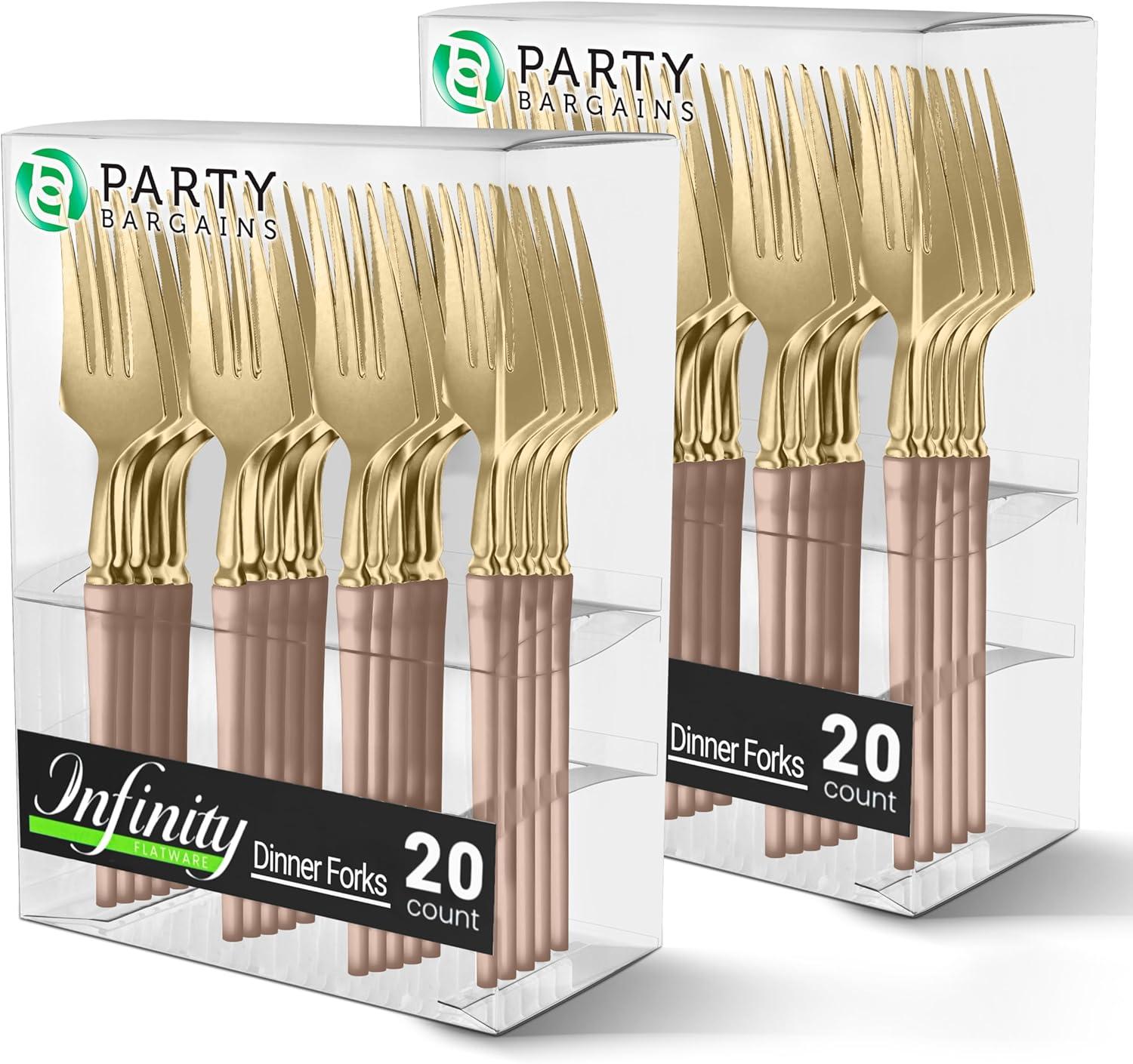 imageParty Bargains Disposable Plastic Silver Cutlery Set Infinity Modern Design Utensils 40 Pack 16 Forks 8 Knives 16 SpoonsPink Gold