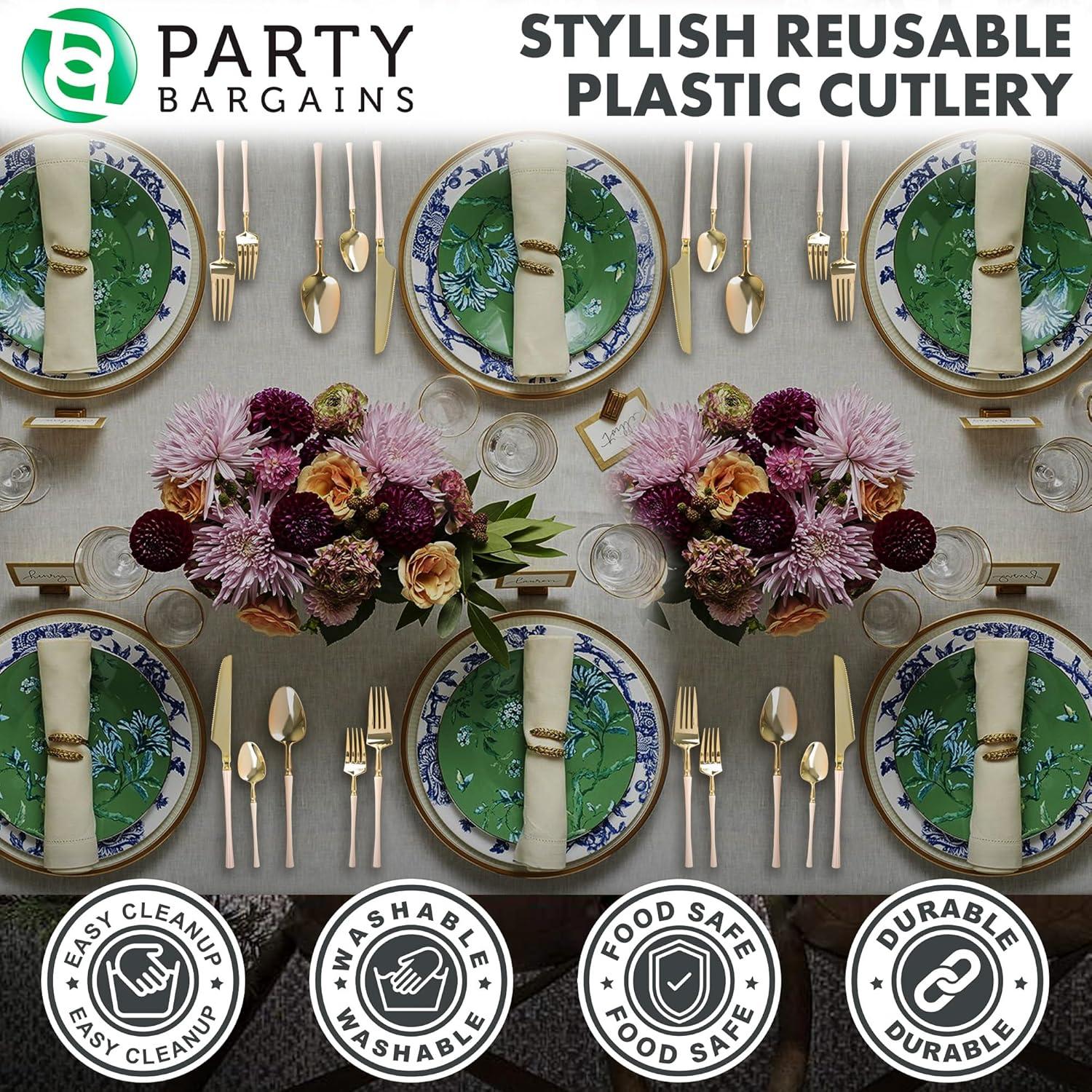 imageParty Bargains Disposable Plastic Silver Cutlery Set Infinity Modern Design Utensils 40 Pack 16 Forks 8 Knives 16 SpoonsPink Gold