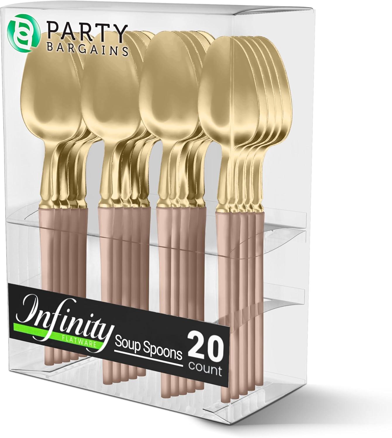 imageParty Bargains Disposable Plastic Silver Cutlery Set Infinity Modern Design Utensils 40 Pack 16 Forks 8 Knives 16 SpoonsPink Gold