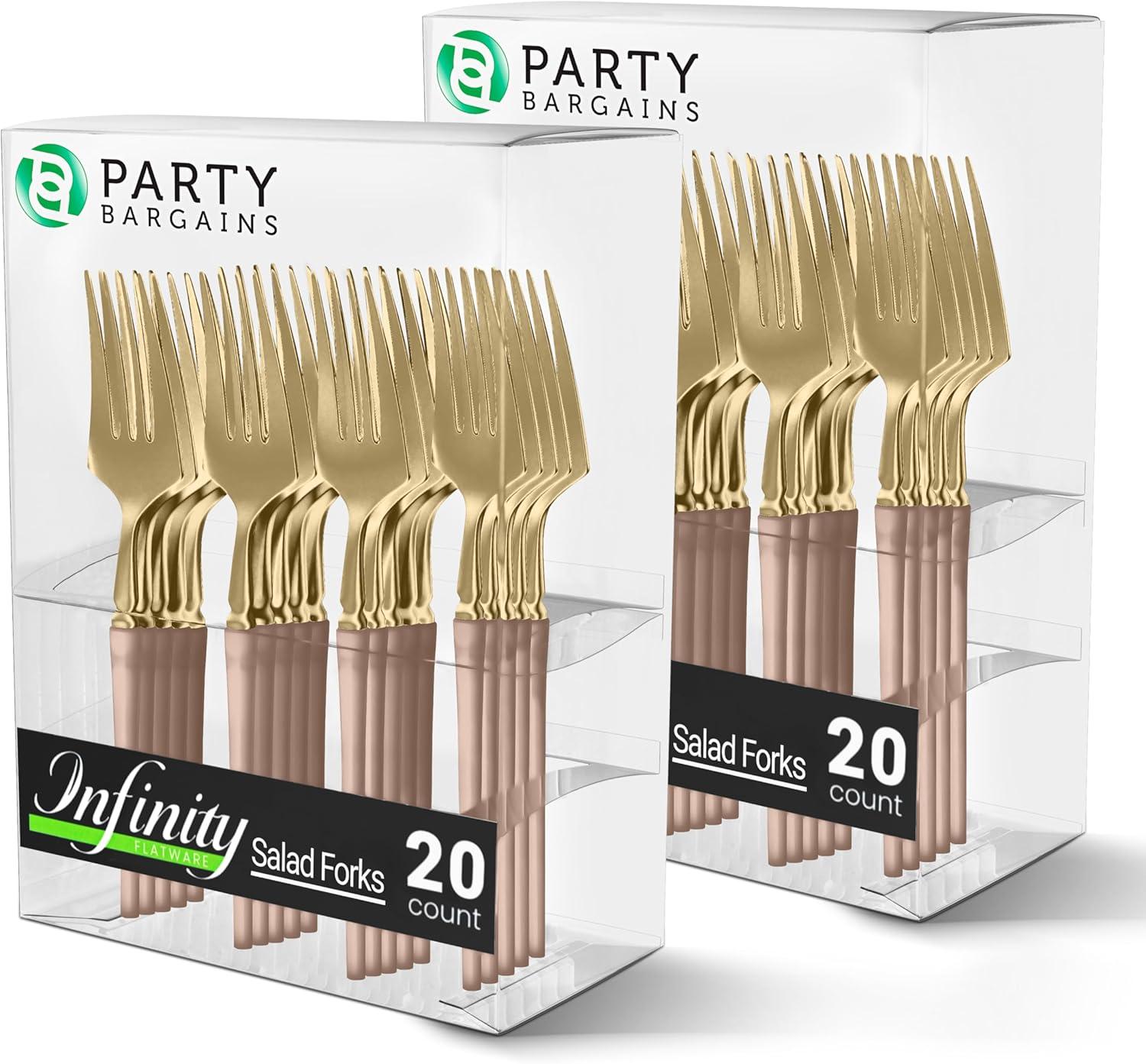 imageParty Bargains Disposable Plastic Silver Cutlery Set Infinity Modern Design Utensils 40 Pack 16 Forks 8 Knives 16 SpoonsPink Gold