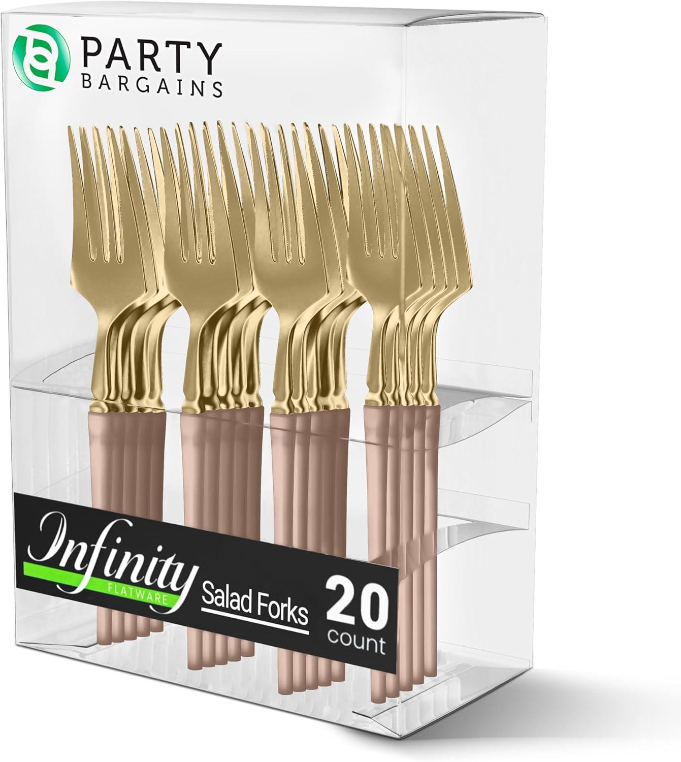 imageParty Bargains Disposable Plastic Silver Cutlery Set Infinity Modern Design Utensils 40 Pack 16 Forks 8 Knives 16 SpoonsPink Gold