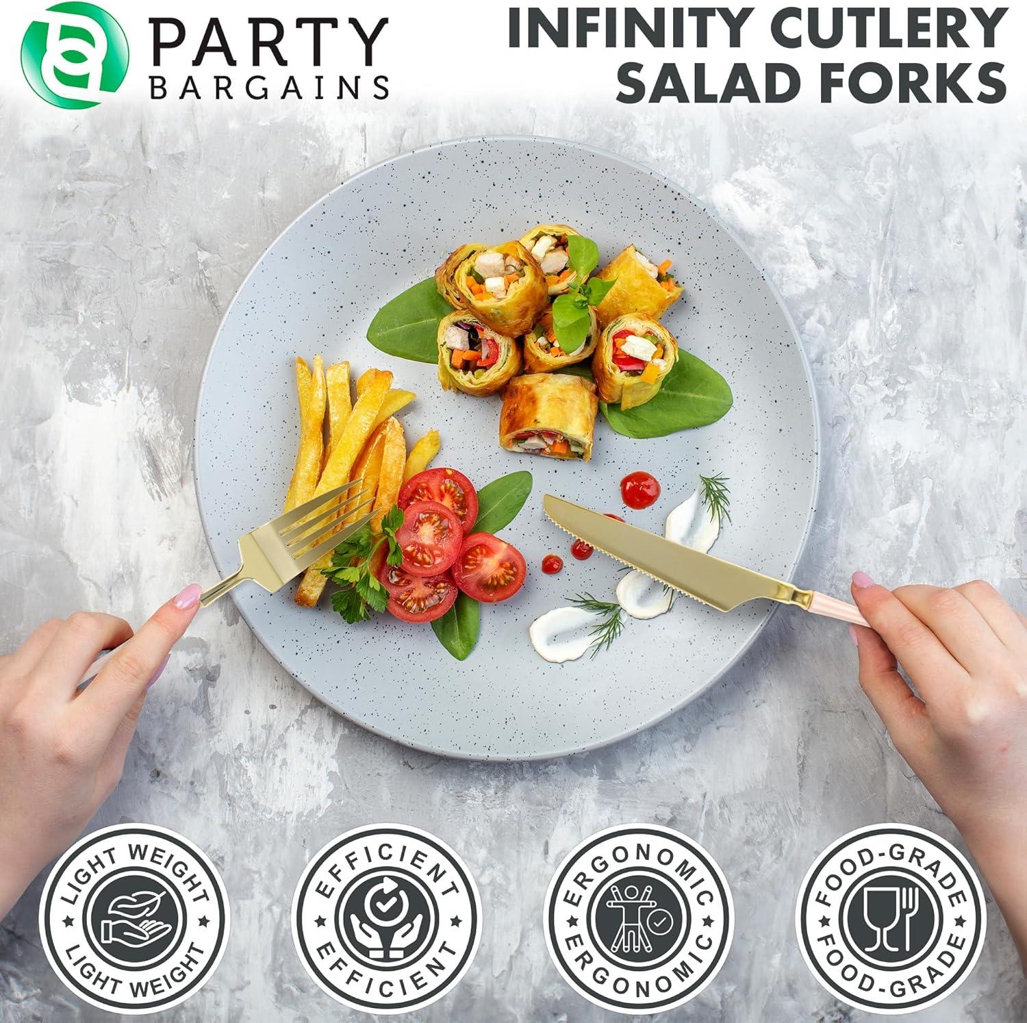 imageParty Bargains Disposable Plastic Silver Cutlery Set Infinity Modern Design Utensils 40 Pack 16 Forks 8 Knives 16 SpoonsPink Gold