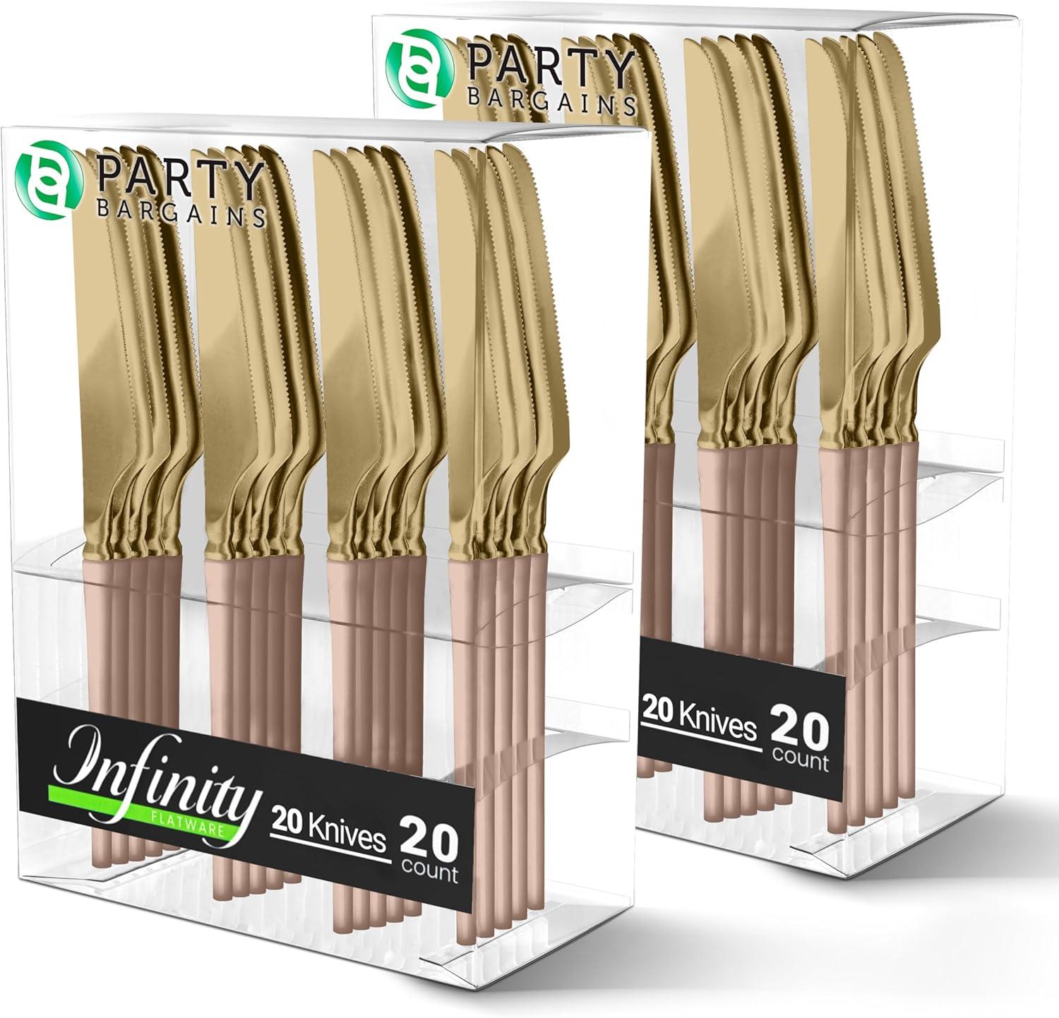 imageParty Bargains Disposable Plastic Silver Cutlery Set Infinity Modern Design Utensils 40 Pack 16 Forks 8 Knives 16 SpoonsPink Gold