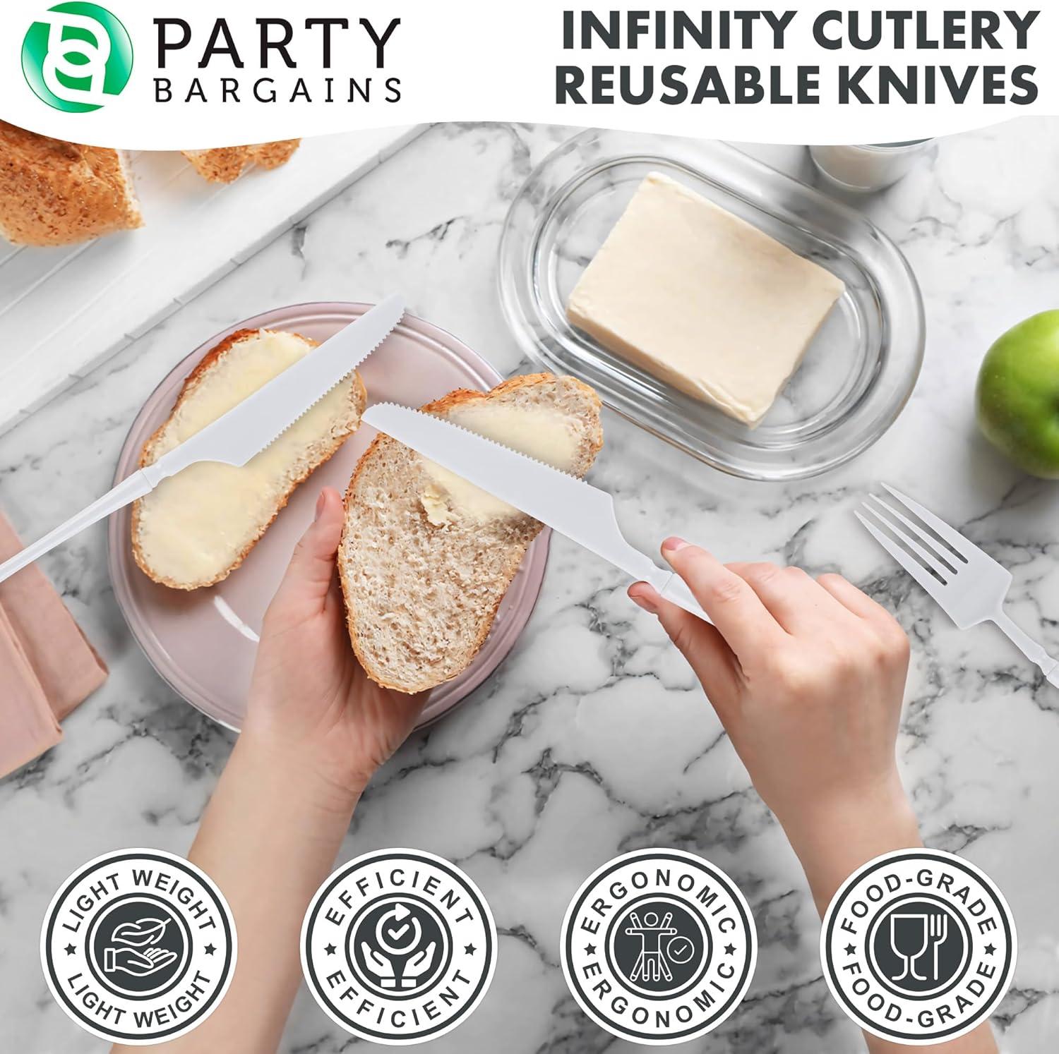 imageParty Bargains Disposable Plastic Silver Cutlery Set Infinity Modern Design Utensils 40 Pack 16 Forks 8 Knives 16 SpoonsWhite