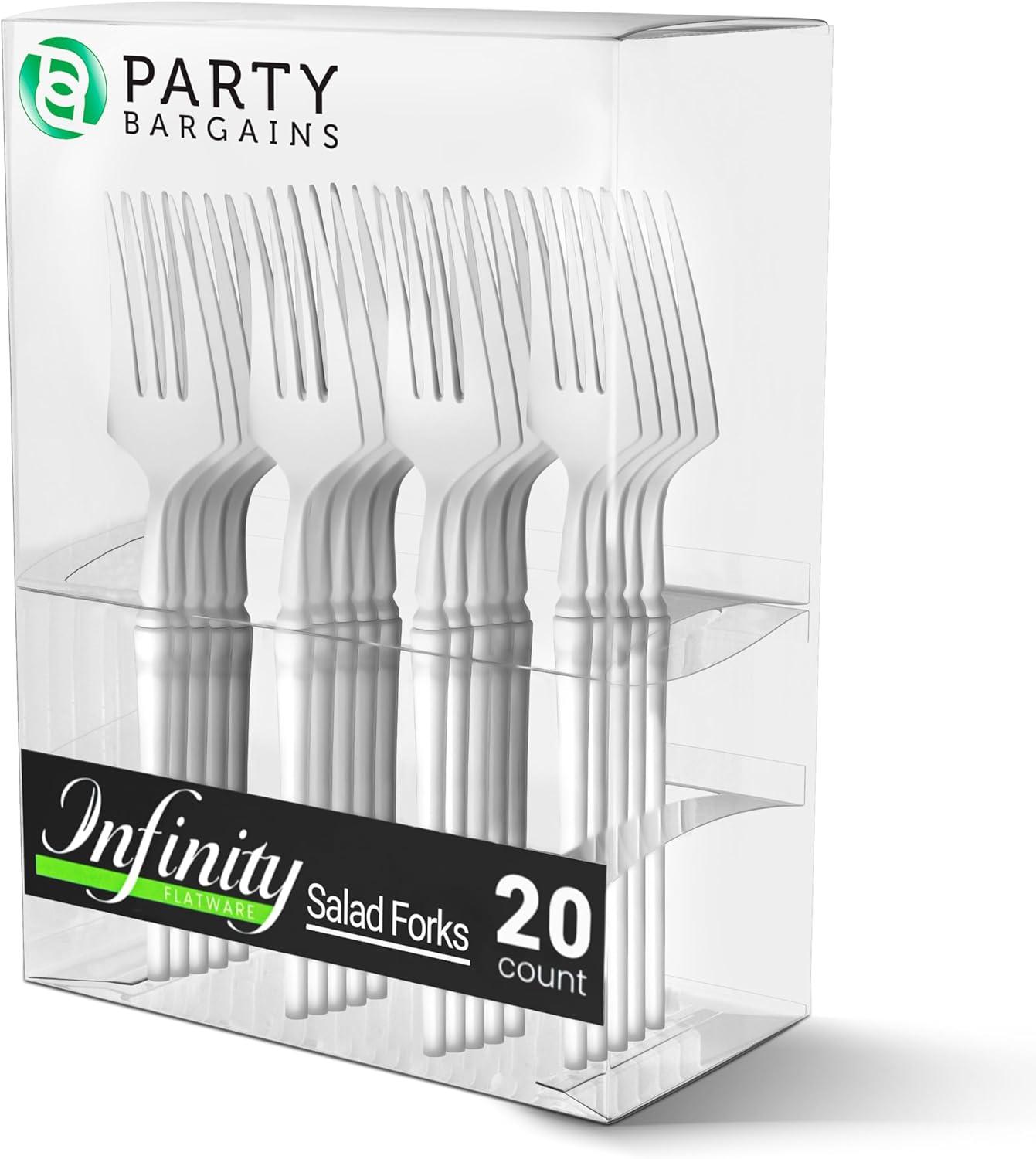 imageParty Bargains Disposable Plastic Silver Cutlery Set Infinity Modern Design Utensils 40 Pack 16 Forks 8 Knives 16 SpoonsWhite