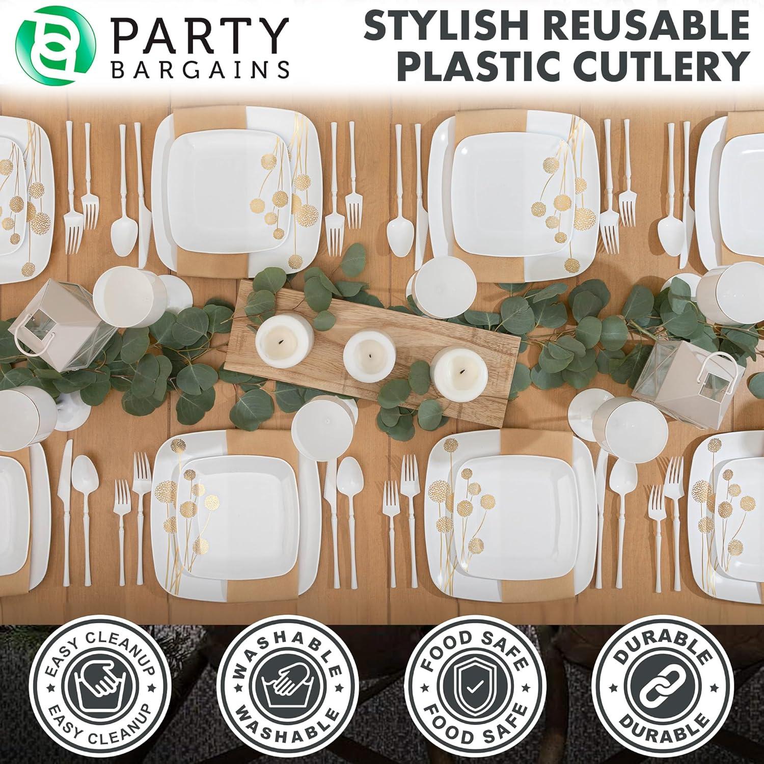 imageParty Bargains Disposable Plastic Silver Cutlery Set Infinity Modern Design Utensils 40 Pack 16 Forks 8 Knives 16 SpoonsWhite