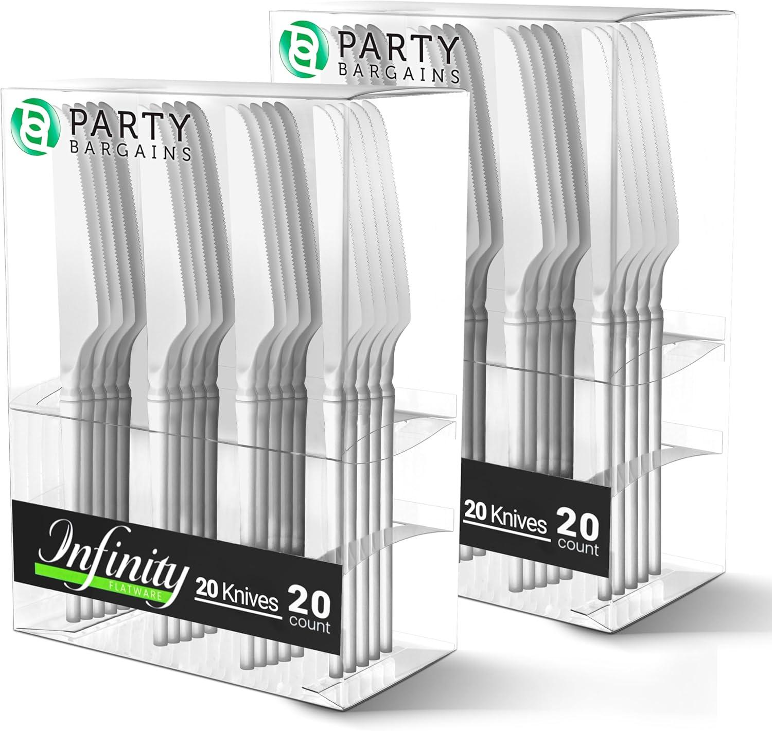 imageParty Bargains Disposable Plastic Silver Cutlery Set Infinity Modern Design Utensils 40 Pack 16 Forks 8 Knives 16 SpoonsWhite
