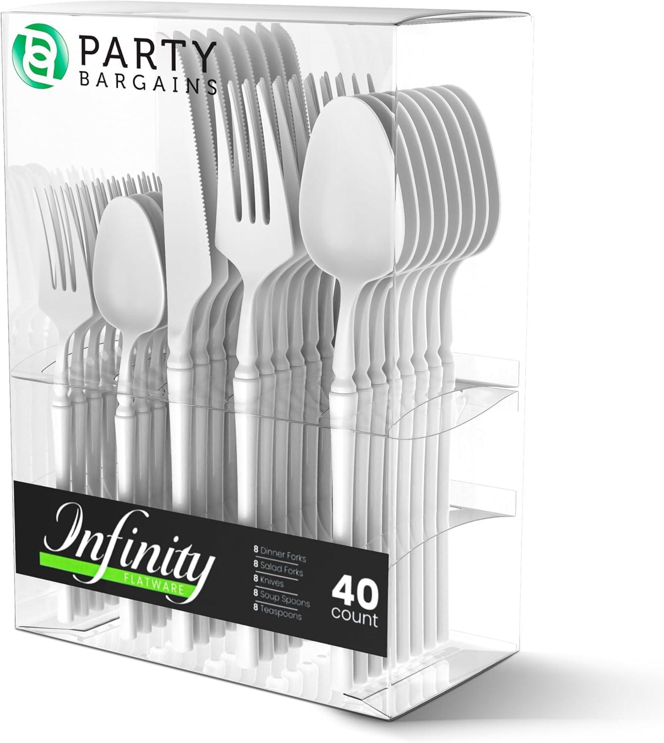 imageParty Bargains Disposable Plastic Silver Cutlery Set Infinity Modern Design Utensils 40 Pack 16 Forks 8 Knives 16 SpoonsWhite