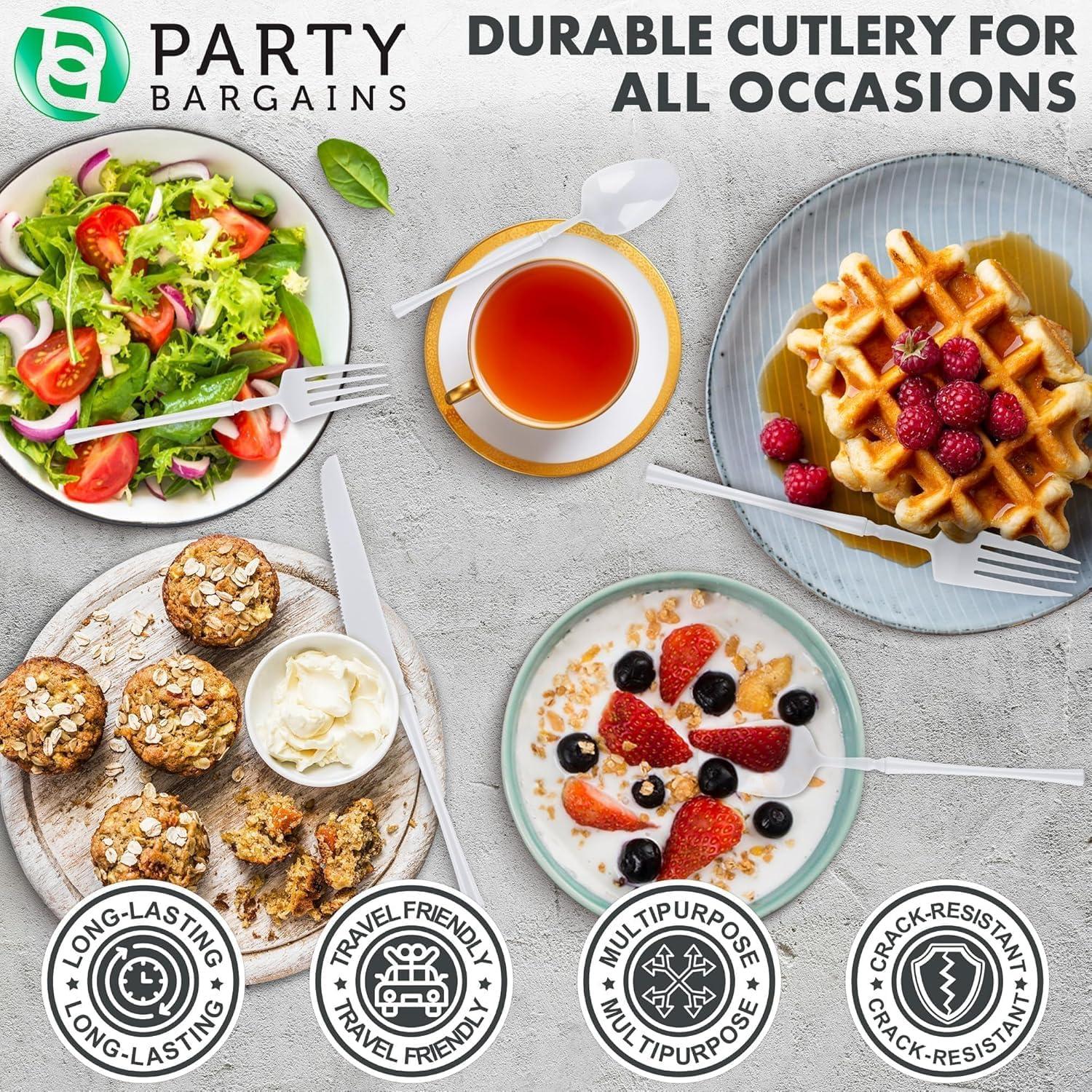imageParty Bargains Disposable Plastic Silver Cutlery Set Infinity Modern Design Utensils 40 Pack 16 Forks 8 Knives 16 SpoonsWhite