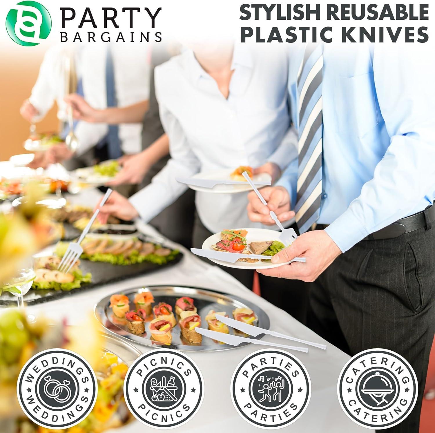 imageParty Bargains Disposable Plastic Silver Cutlery Set Infinity Modern Design Utensils 40 Pack 16 Forks 8 Knives 16 SpoonsWhite