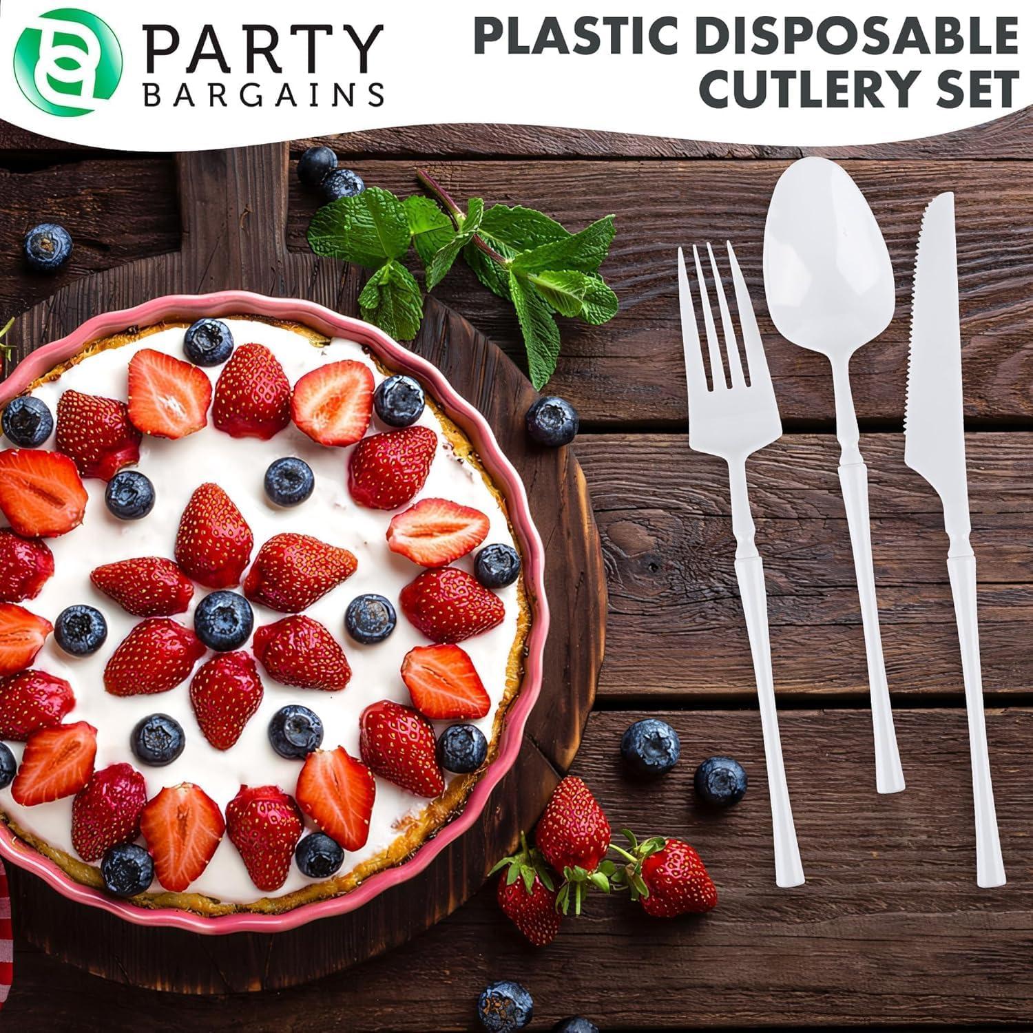 imageParty Bargains Disposable Plastic Silver Cutlery Set Infinity Modern Design Utensils 40 Pack 16 Forks 8 Knives 16 SpoonsWhite