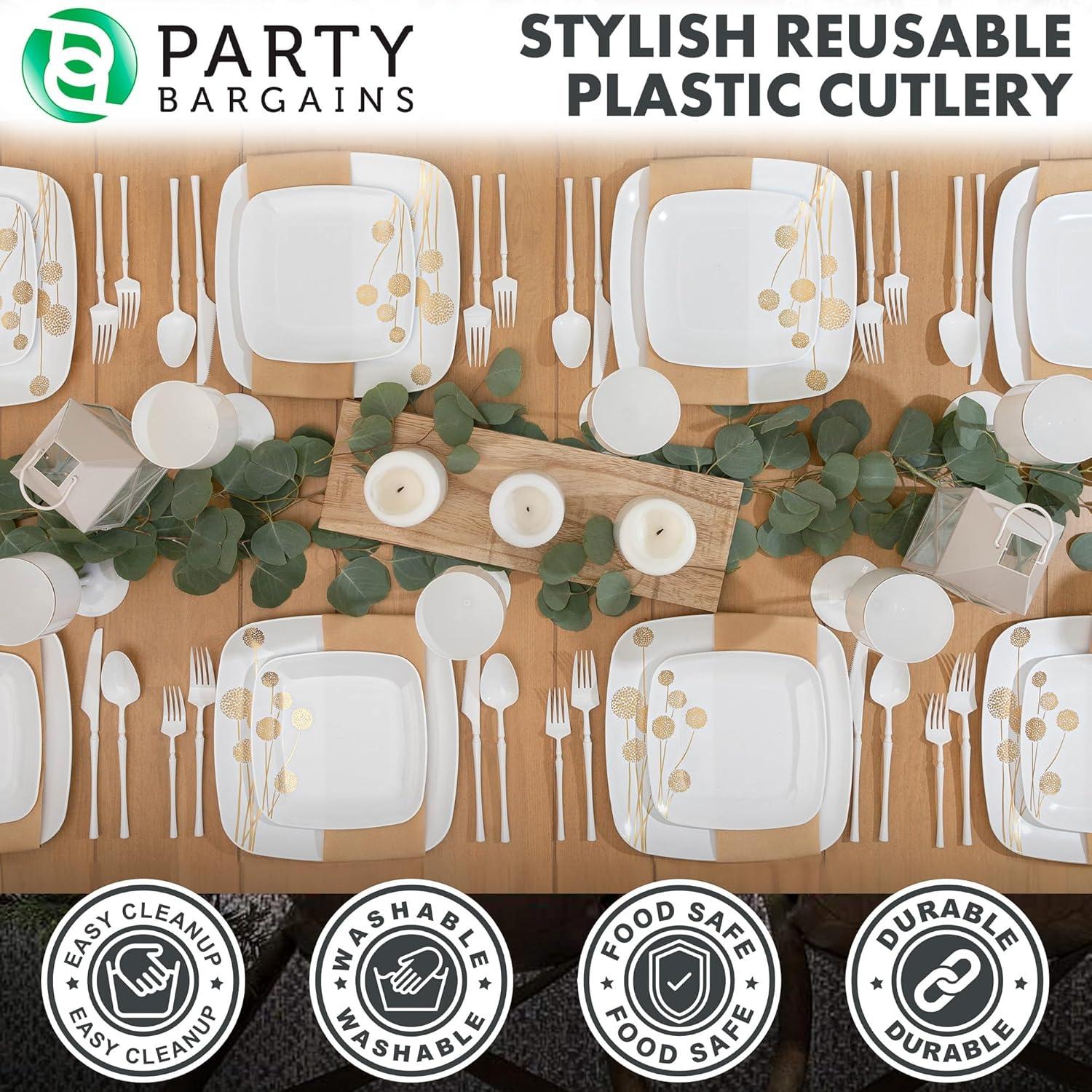 imageParty Bargains Disposable Plastic Silver Cutlery Set Infinity Modern Design Utensils 40 Pack 16 Forks 8 Knives 16 SpoonsWhite