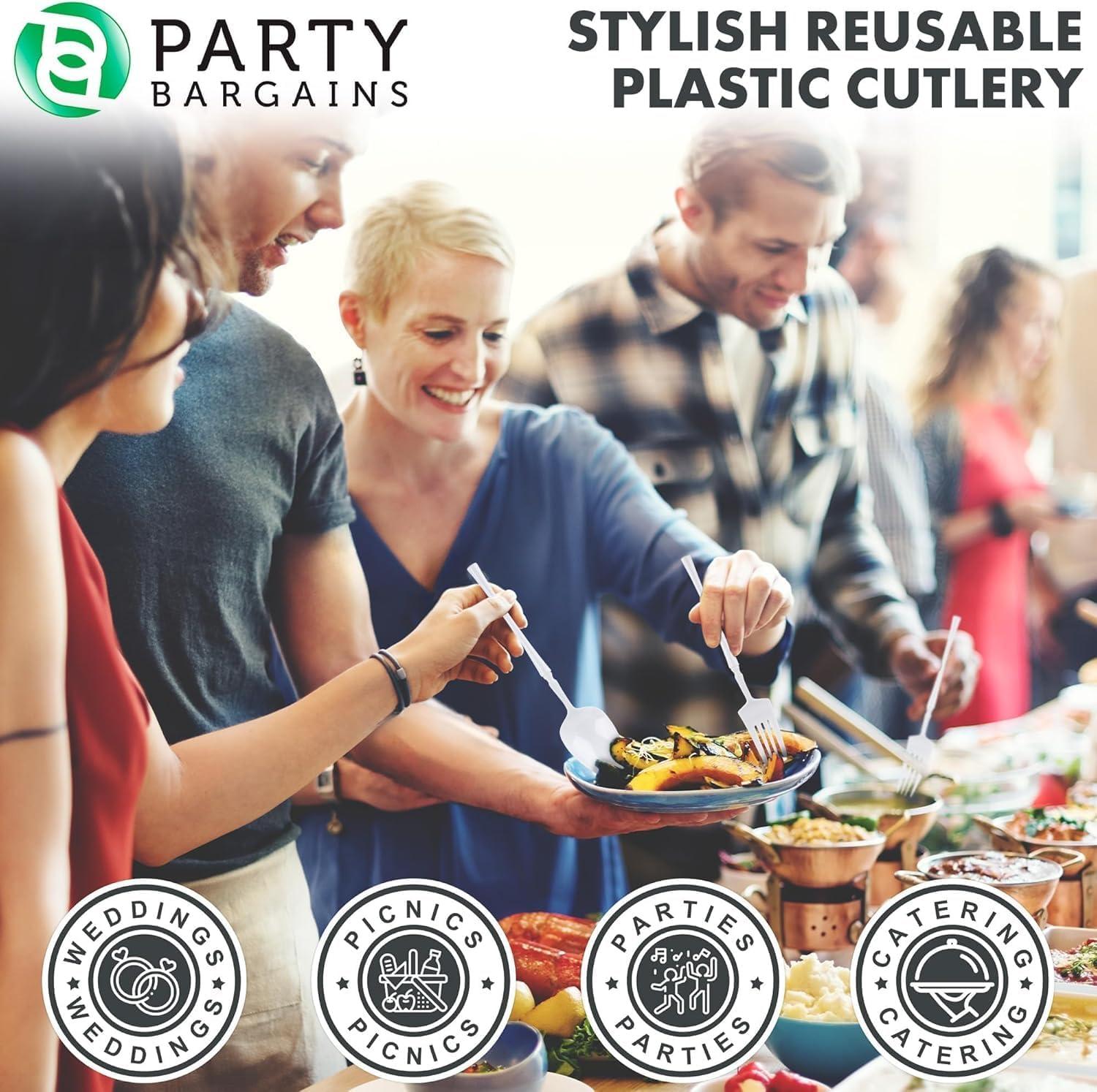 imageParty Bargains Disposable Plastic Silver Cutlery Set Infinity Modern Design Utensils 40 Pack 16 Forks 8 Knives 16 SpoonsWhite
