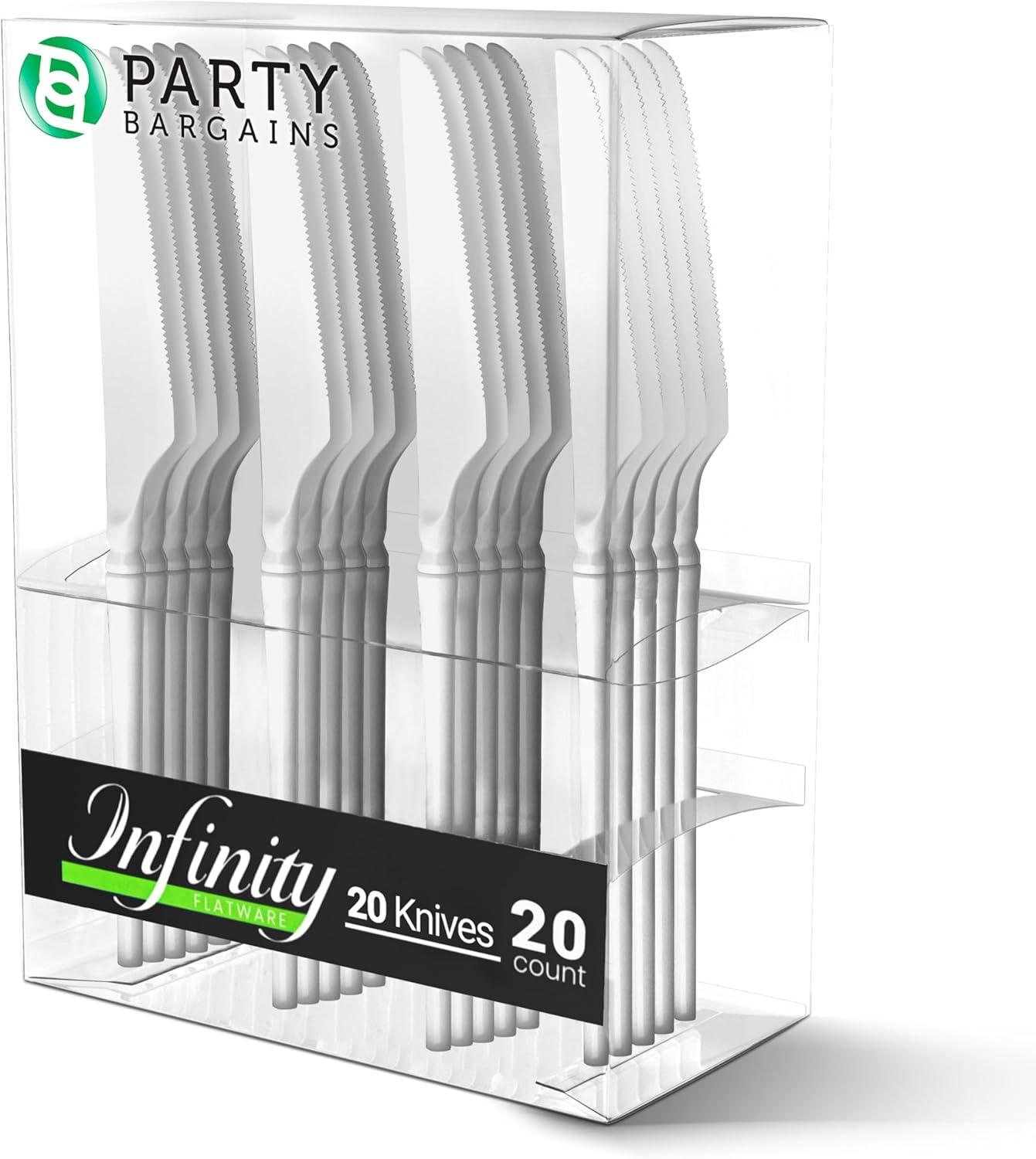 imageParty Bargains Disposable Plastic Silver Cutlery Set Infinity Modern Design Utensils 40 Pack 16 Forks 8 Knives 16 SpoonsWhite