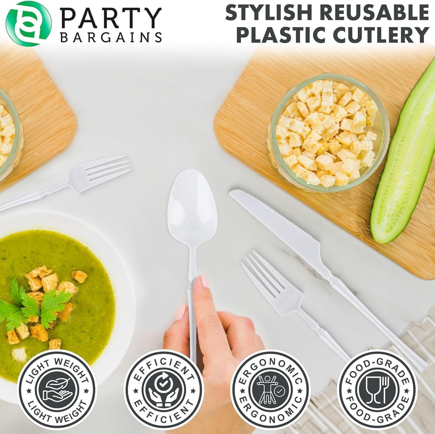 imageParty Bargains Disposable Plastic Silver Cutlery Set Infinity Modern Design Utensils 40 Pack 16 Forks 8 Knives 16 SpoonsWhite