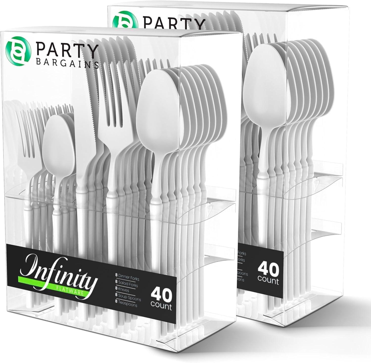 imageParty Bargains Disposable Plastic Silver Cutlery Set Infinity Modern Design Utensils 40 Pack 16 Forks 8 Knives 16 SpoonsWhite