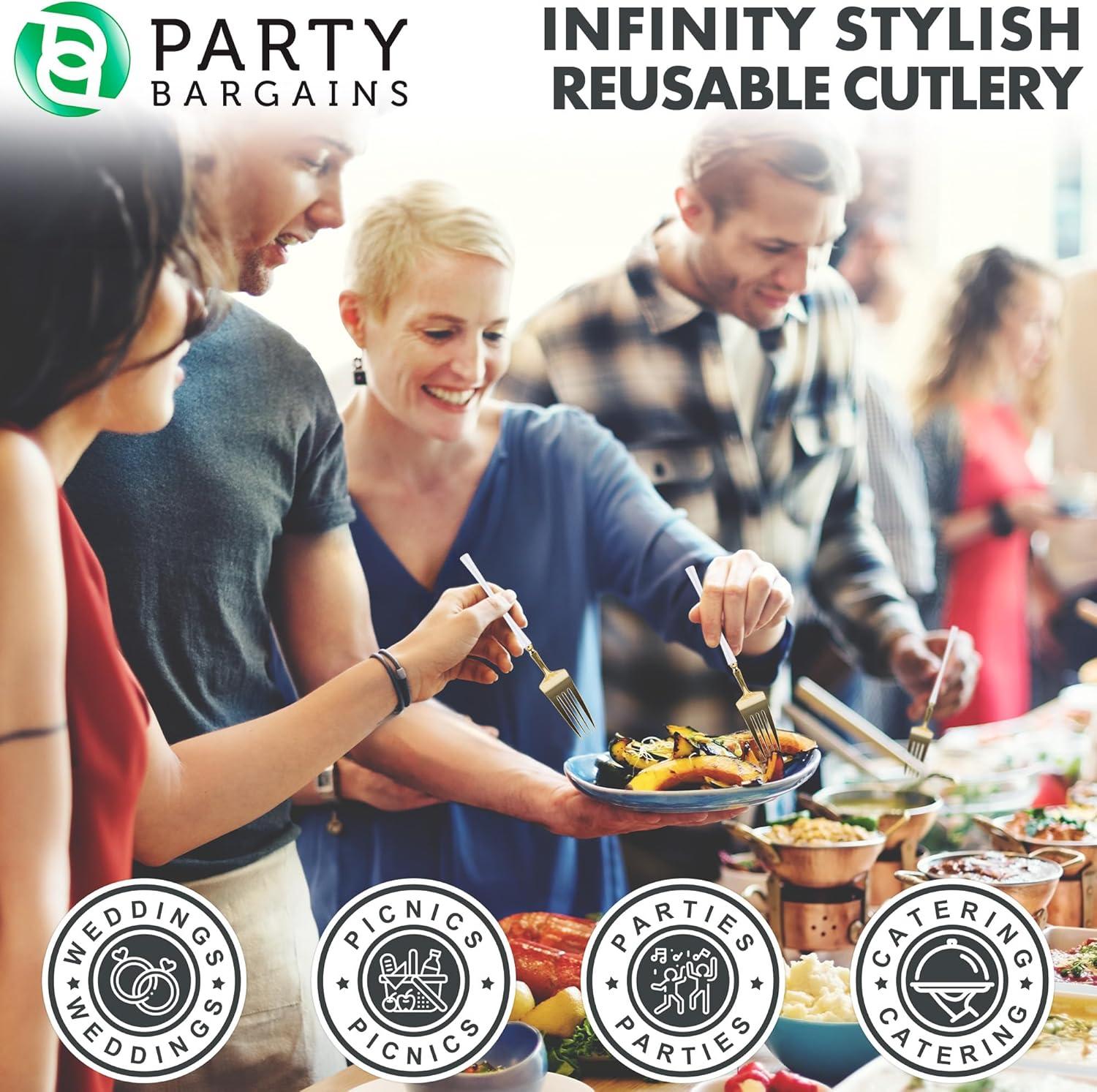 imageParty Bargains Disposable Plastic Silver Cutlery Set Infinity Modern Design Utensils 40 Pack 16 Forks 8 Knives 16 SpoonsWhite Gold