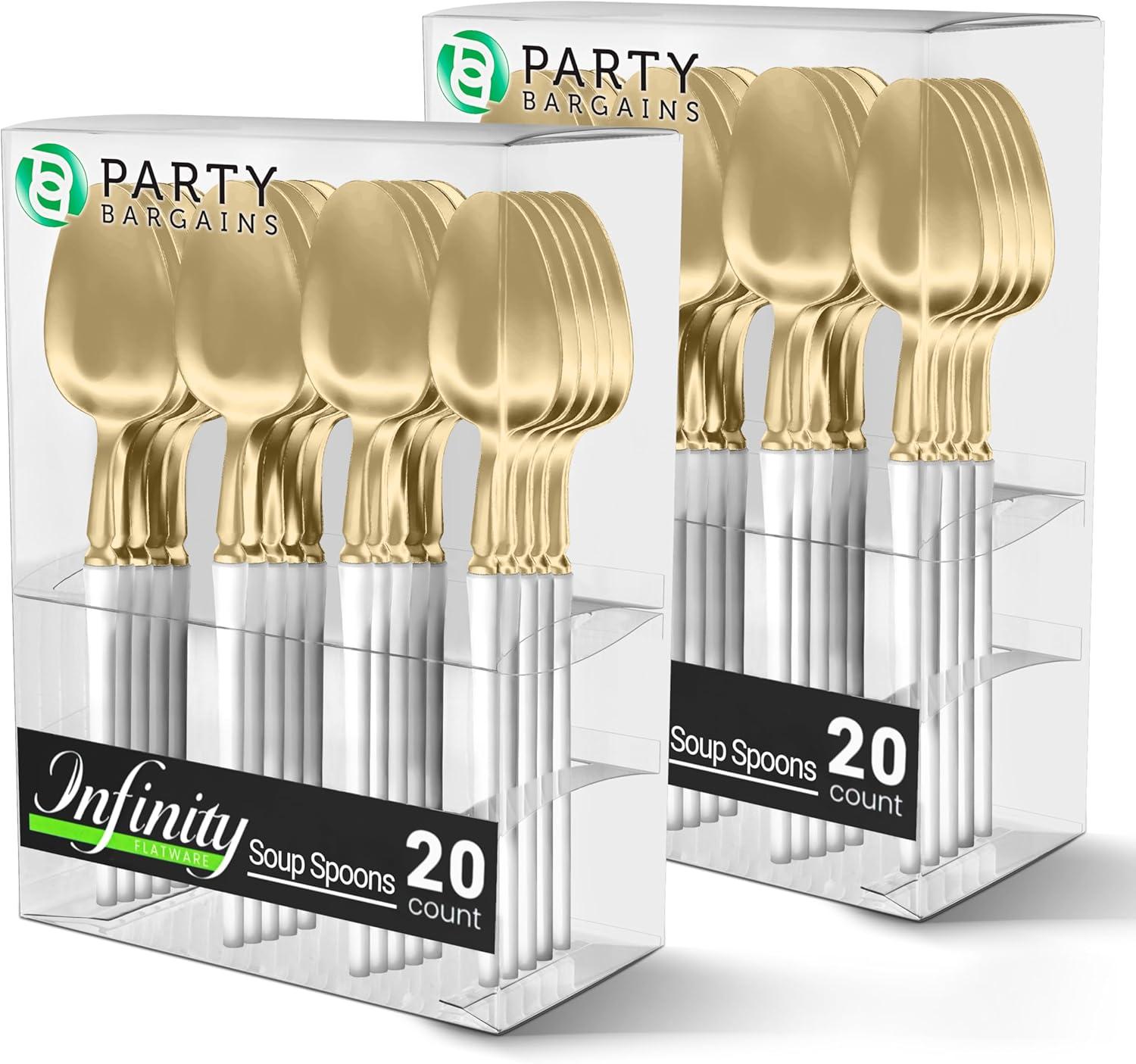 imageParty Bargains Disposable Plastic Silver Cutlery Set Infinity Modern Design Utensils 40 Pack 16 Forks 8 Knives 16 SpoonsWhite Gold