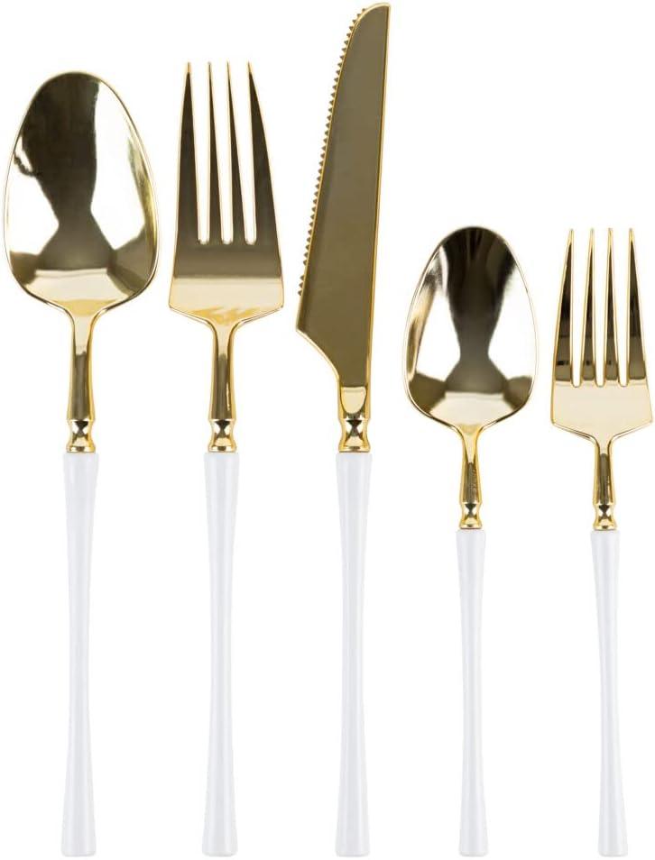imageParty Bargains Disposable Plastic Silver Cutlery Set Infinity Modern Design Utensils 40 Pack 16 Forks 8 Knives 16 SpoonsWhite Gold