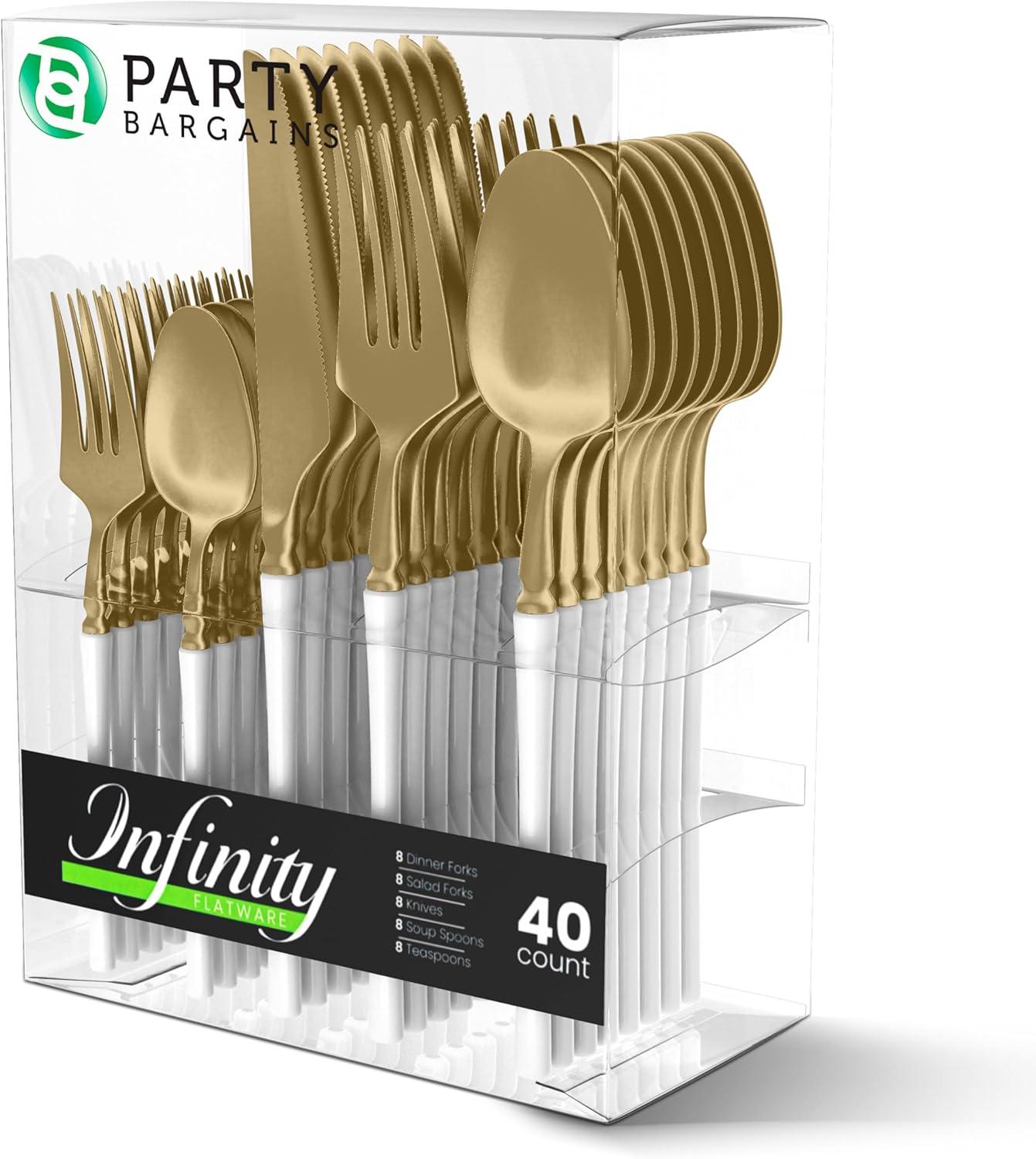 imageParty Bargains Disposable Plastic Silver Cutlery Set Infinity Modern Design Utensils 40 Pack 16 Forks 8 Knives 16 SpoonsWhite Gold
