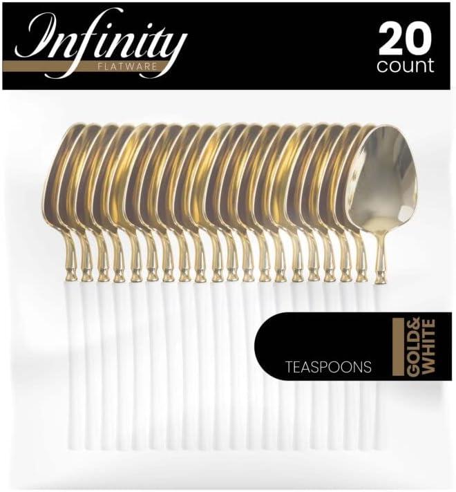 imageParty Bargains Disposable Plastic Silver Cutlery Set Infinity Modern Design Utensils 40 Pack 16 Forks 8 Knives 16 SpoonsWhite Gold