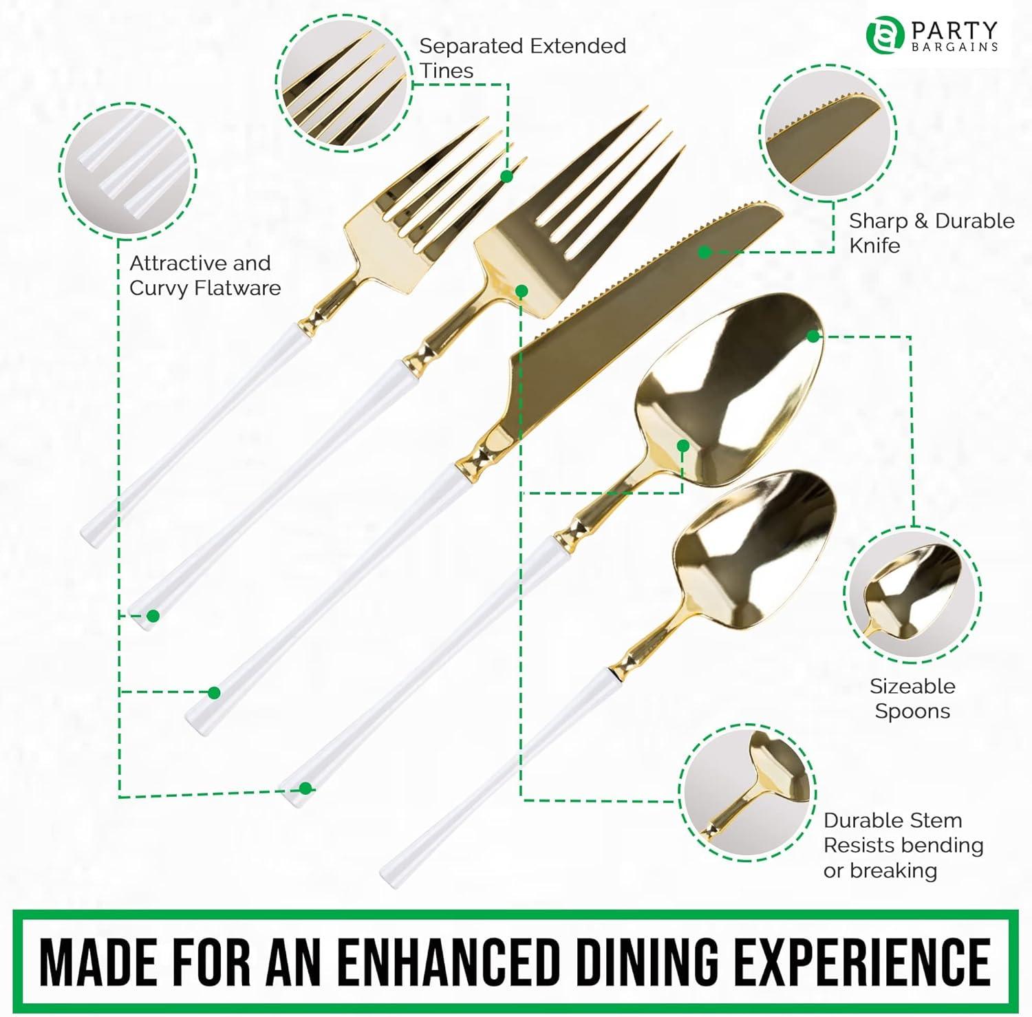 imageParty Bargains Disposable Plastic Silver Cutlery Set Infinity Modern Design Utensils 40 Pack 16 Forks 8 Knives 16 SpoonsWhite Gold