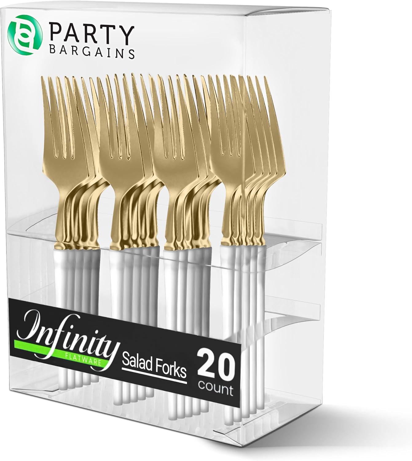 imageParty Bargains Disposable Plastic Silver Cutlery Set Infinity Modern Design Utensils 40 Pack 16 Forks 8 Knives 16 SpoonsWhite Gold