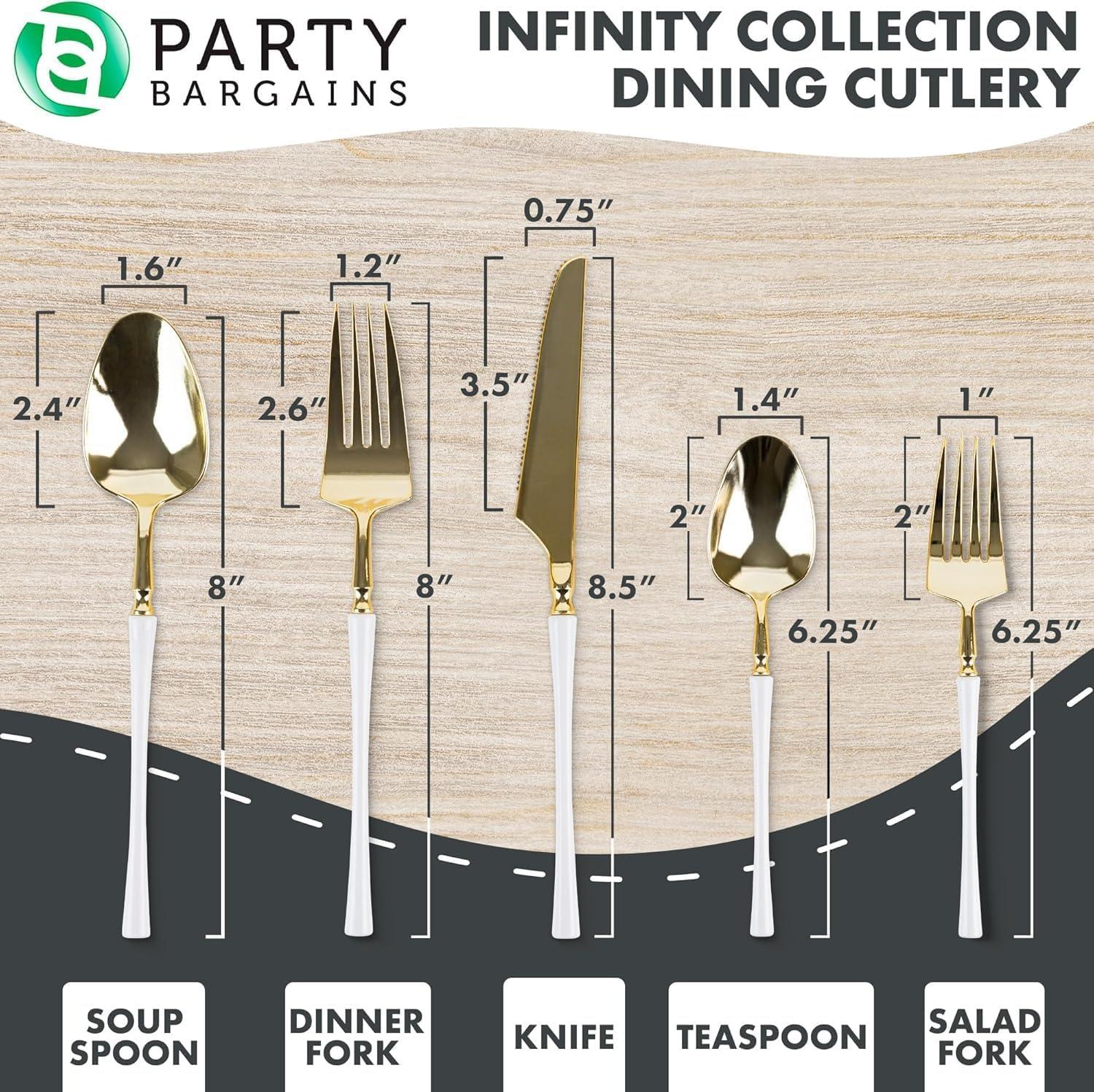 imageParty Bargains Disposable Plastic Silver Cutlery Set Infinity Modern Design Utensils 40 Pack 16 Forks 8 Knives 16 SpoonsWhite Gold