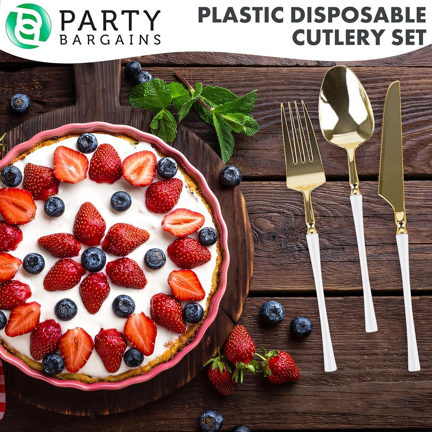 imageParty Bargains Disposable Plastic Silver Cutlery Set Infinity Modern Design Utensils 40 Pack 16 Forks 8 Knives 16 SpoonsWhite Gold