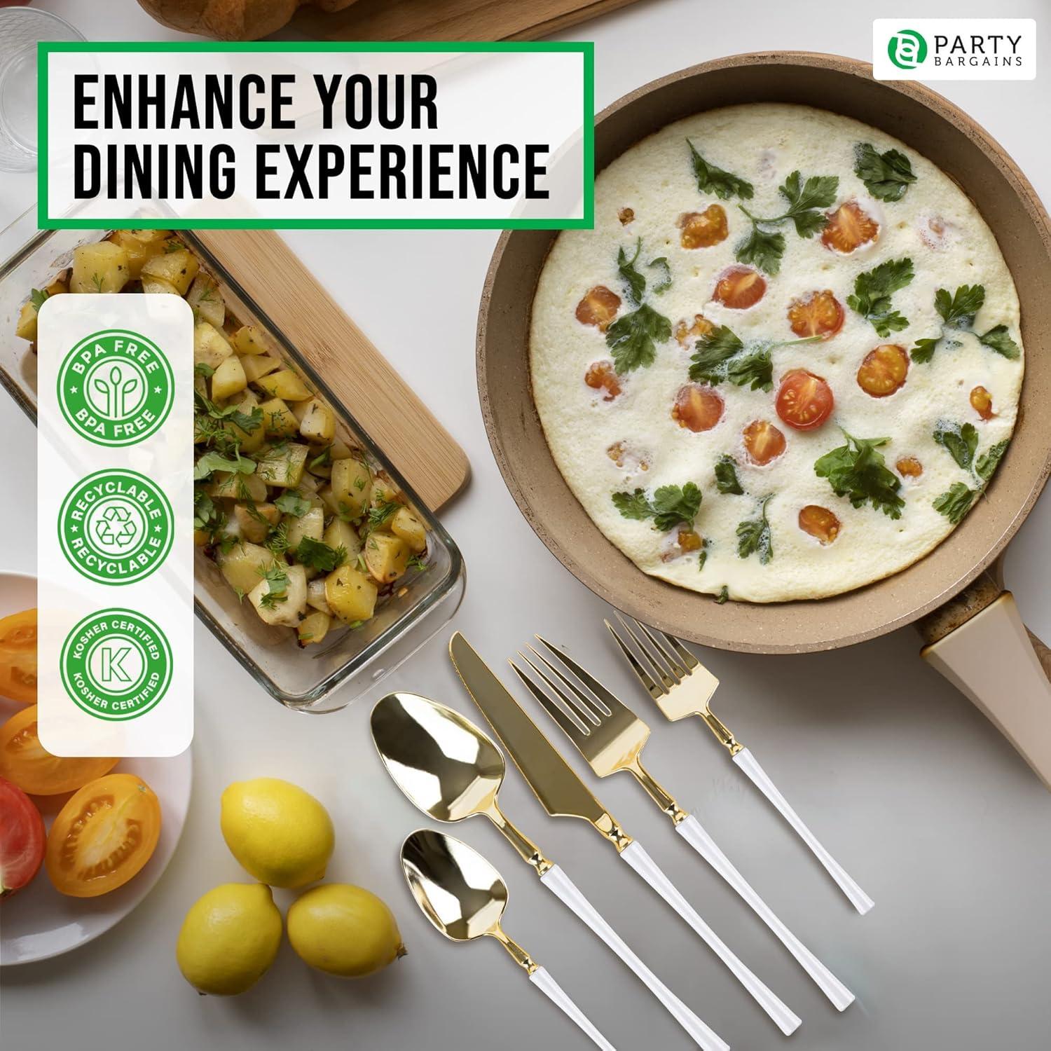 imageParty Bargains Disposable Plastic Silver Cutlery Set Infinity Modern Design Utensils 40 Pack 16 Forks 8 Knives 16 SpoonsWhite Gold