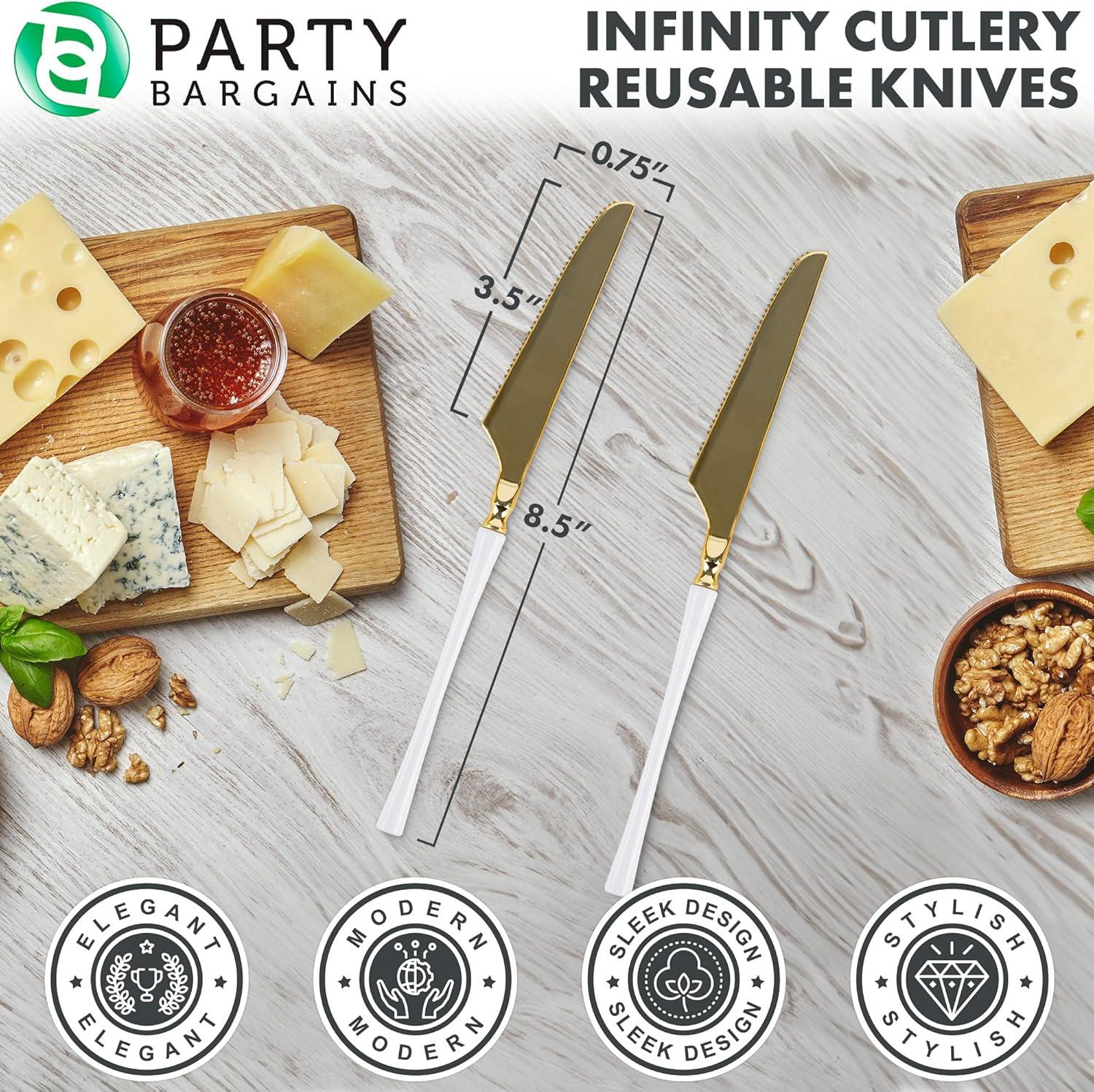 imageParty Bargains Disposable Plastic Silver Cutlery Set Infinity Modern Design Utensils 40 Pack 16 Forks 8 Knives 16 SpoonsWhite Gold