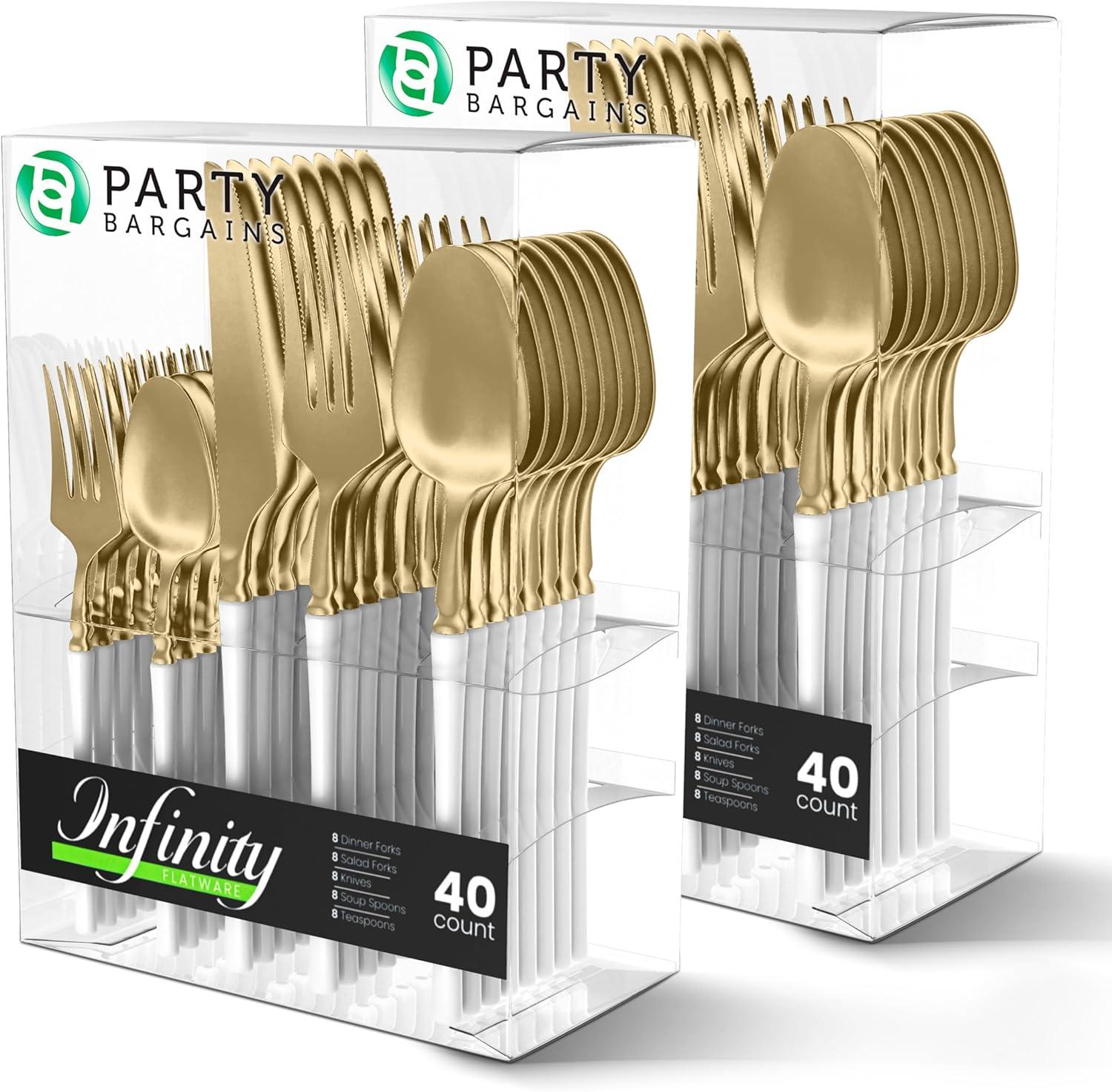 imageParty Bargains Disposable Plastic Silver Cutlery Set Infinity Modern Design Utensils 40 Pack 16 Forks 8 Knives 16 SpoonsWhite Gold