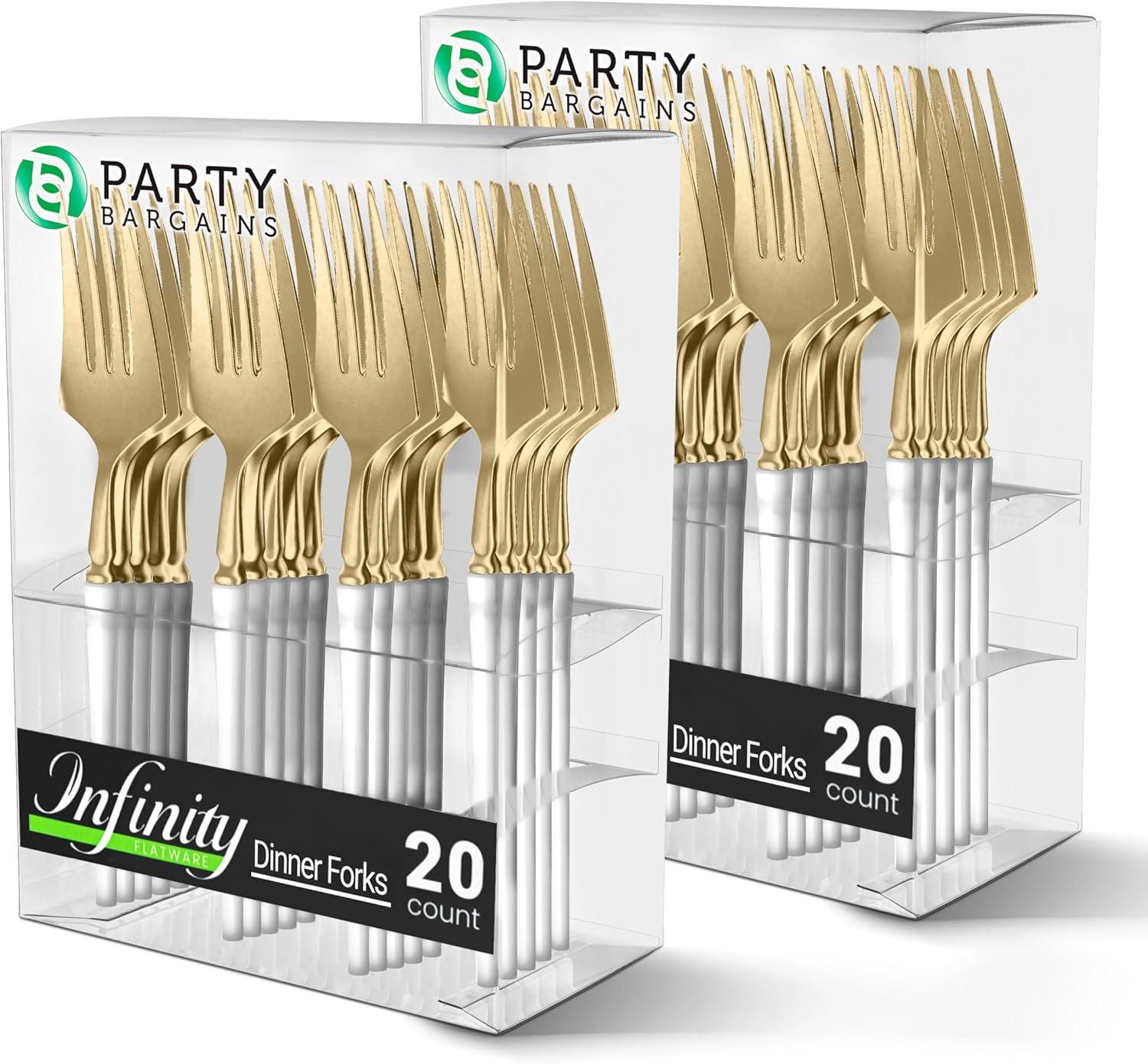 imageParty Bargains Disposable Plastic Silver Cutlery Set Infinity Modern Design Utensils 40 Pack 16 Forks 8 Knives 16 SpoonsWhite Gold