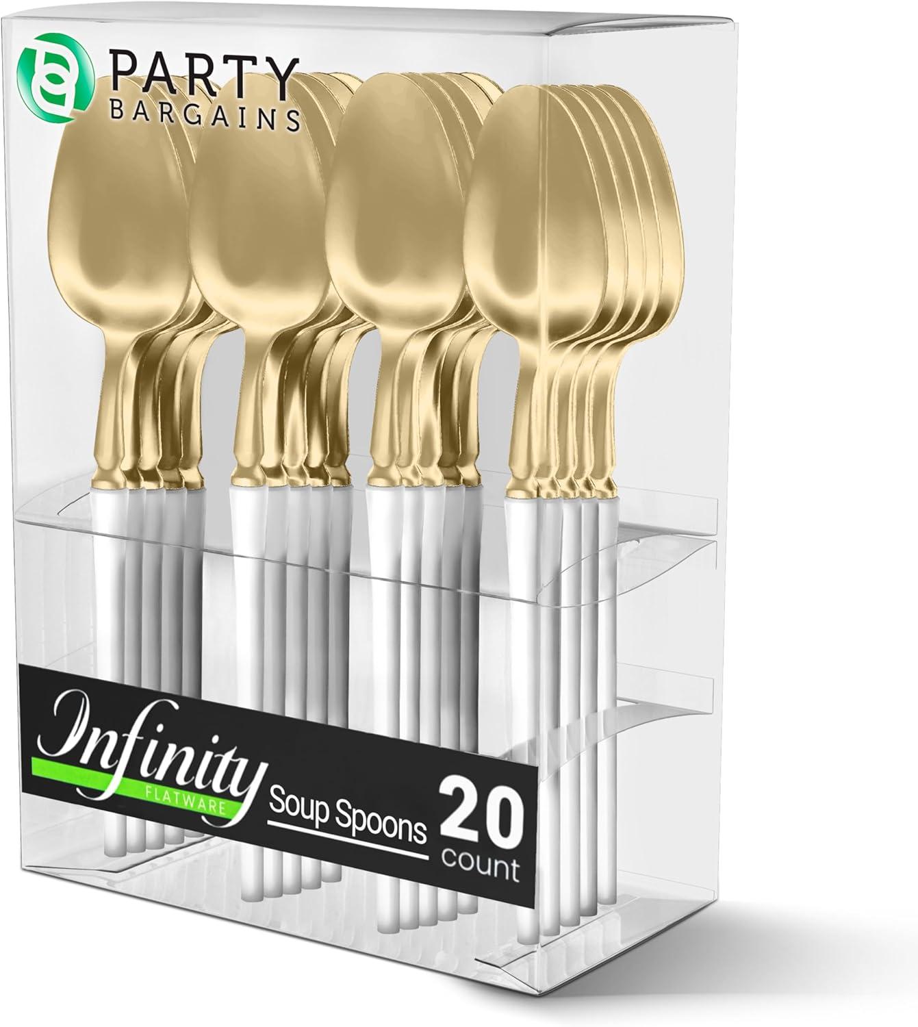 imageParty Bargains Disposable Plastic Silver Cutlery Set Infinity Modern Design Utensils 40 Pack 16 Forks 8 Knives 16 SpoonsWhite Gold
