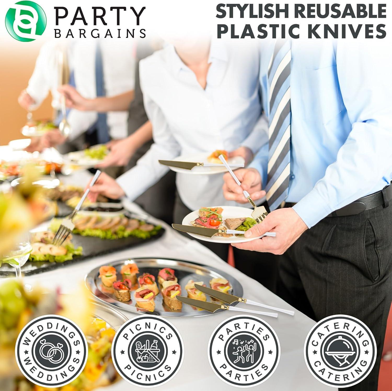 imageParty Bargains Disposable Plastic Silver Cutlery Set Infinity Modern Design Utensils 40 Pack 16 Forks 8 Knives 16 SpoonsWhite Gold