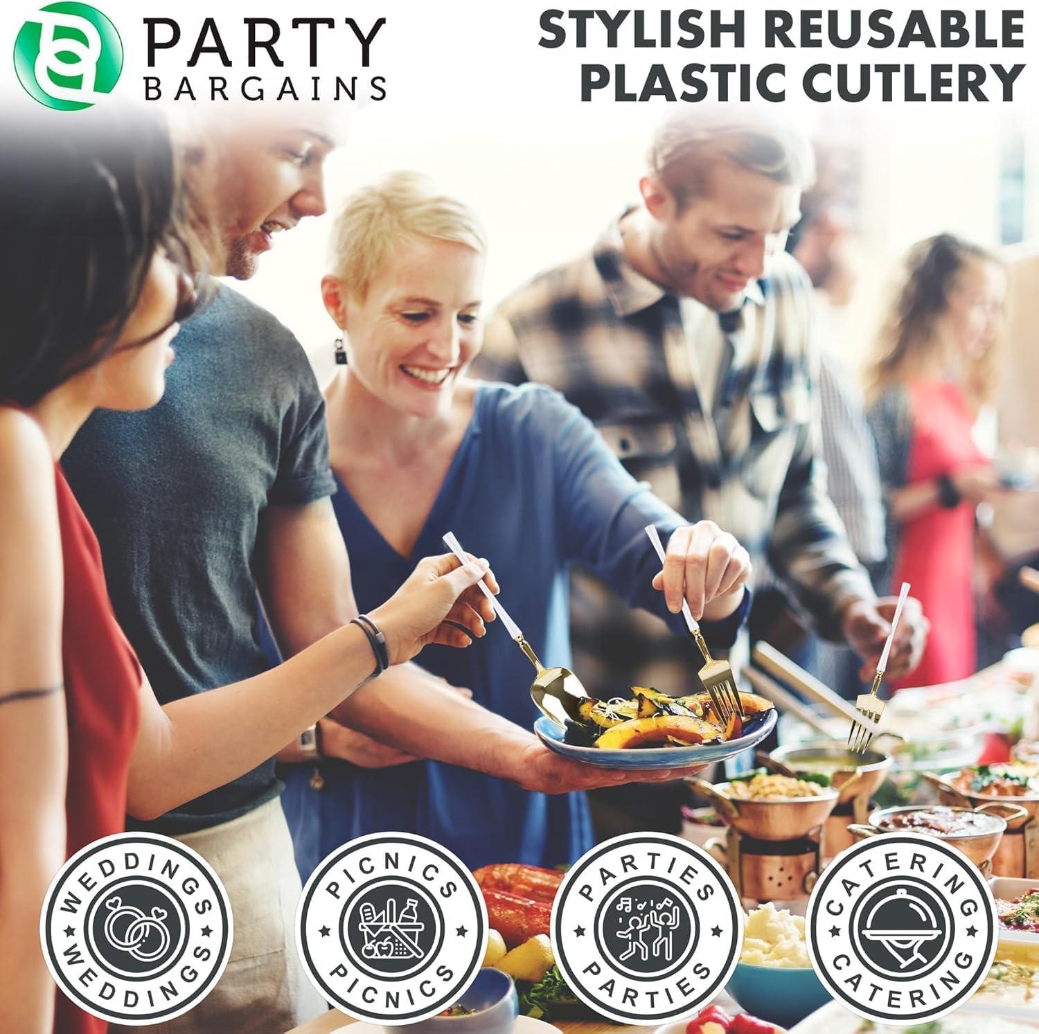 imageParty Bargains Disposable Plastic Silver Cutlery Set Infinity Modern Design Utensils 40 Pack 16 Forks 8 Knives 16 SpoonsWhite Gold