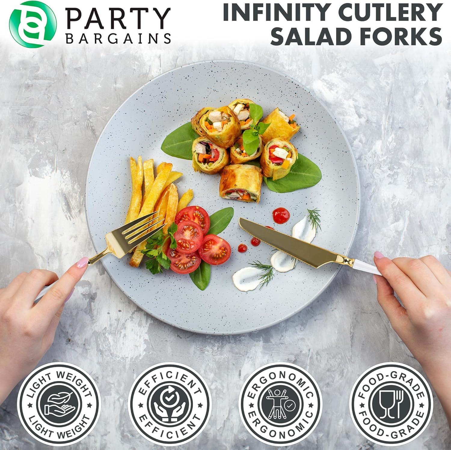 imageParty Bargains Disposable Plastic Silver Cutlery Set Infinity Modern Design Utensils 40 Pack 16 Forks 8 Knives 16 SpoonsWhite Gold